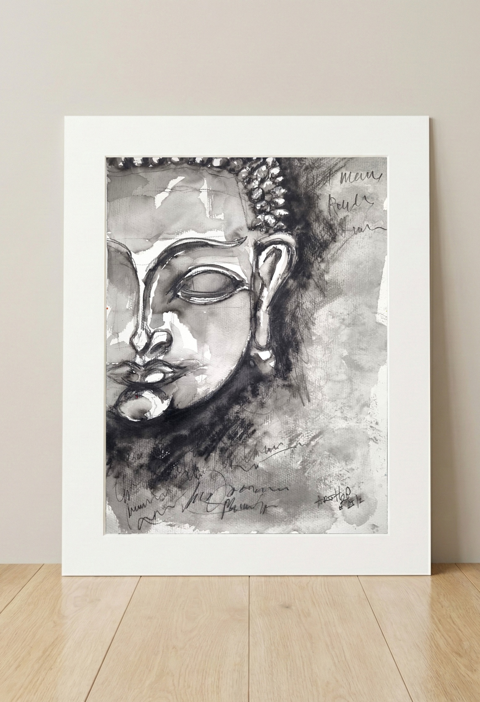 Monochrome Buddha Portrait in Ink — art on the wall, room interior preview 3