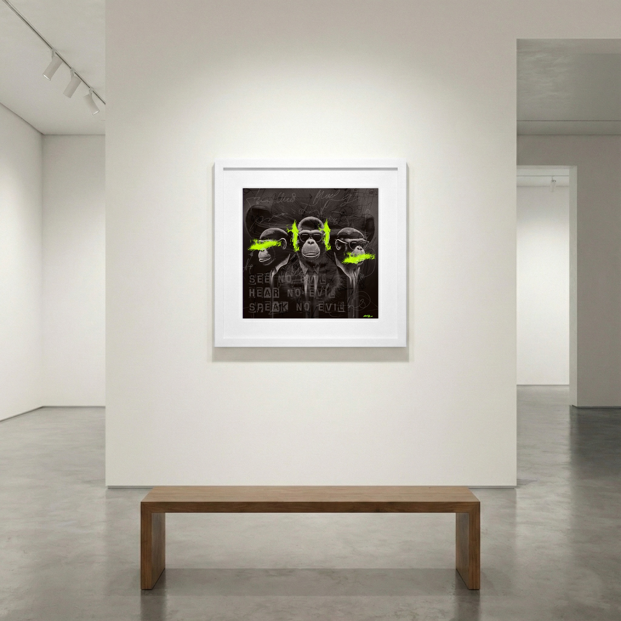 Neon Three Wise Monkeys — art on the wall, room interior preview 1