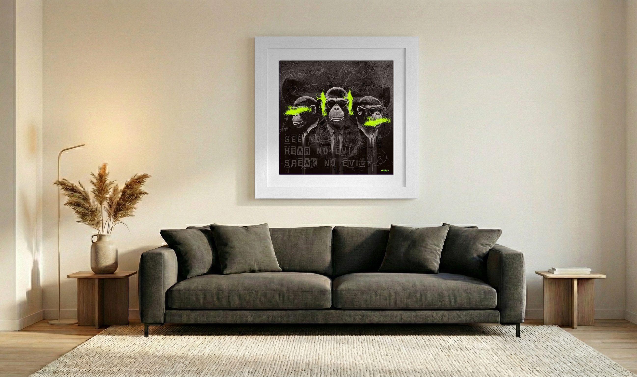 Neon Three Wise Monkeys — art on the wall, room interior preview 3