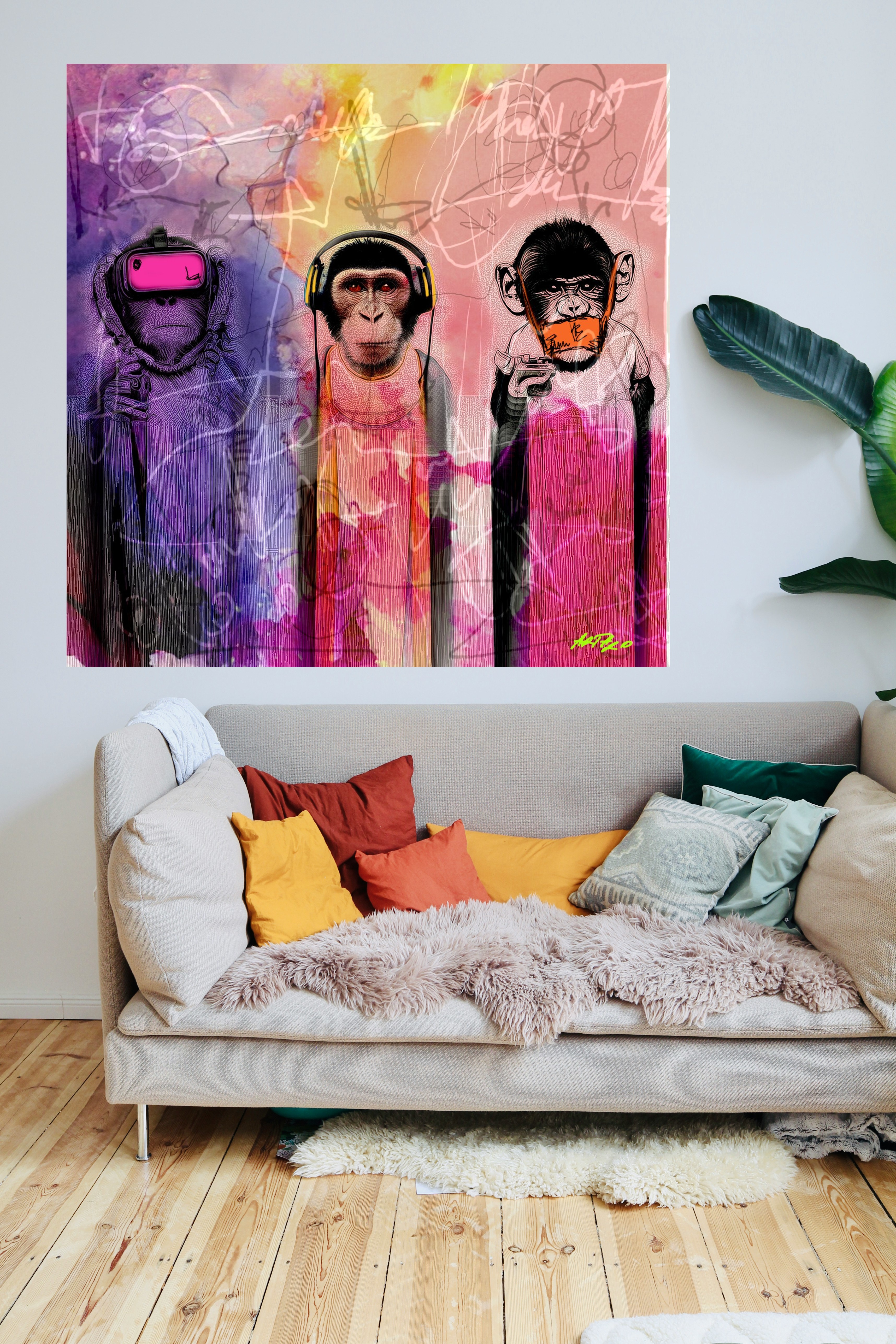 Tech Monkeys in Neon Colors — art on the wall, room interior preview 3