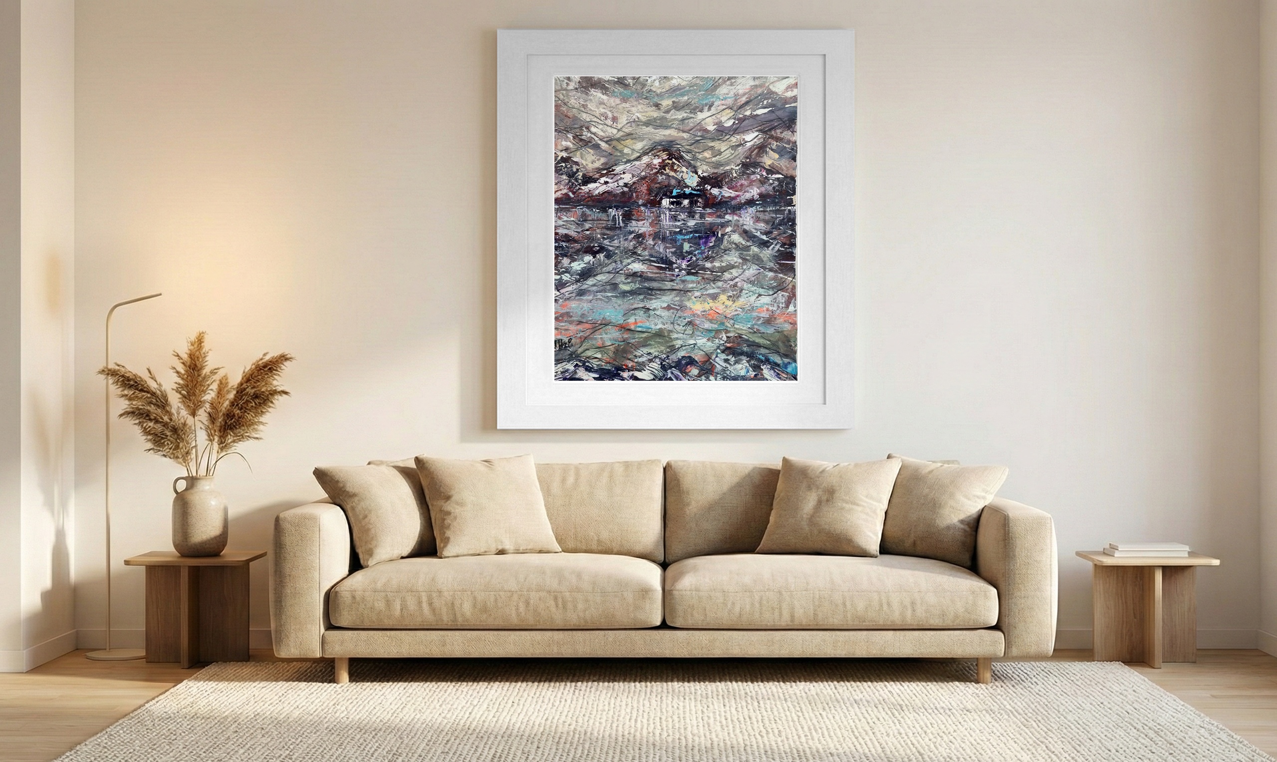 Turquoise and Mauve Mountain Reflection — art on the wall, room interior preview 1