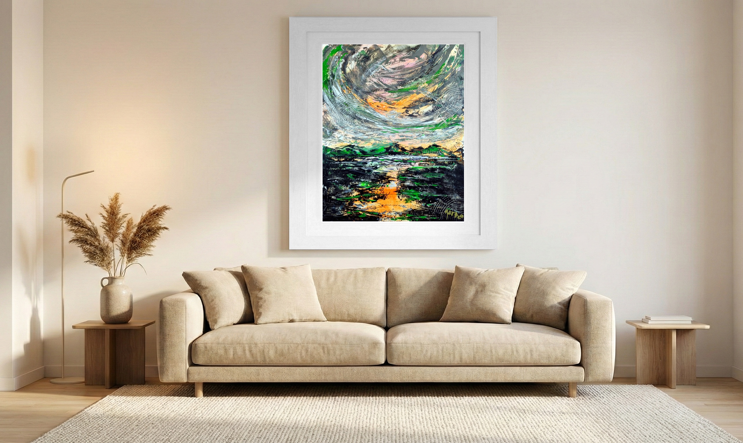 Cyclone Grey and Orange Seascape — art on the wall, room interior preview 1