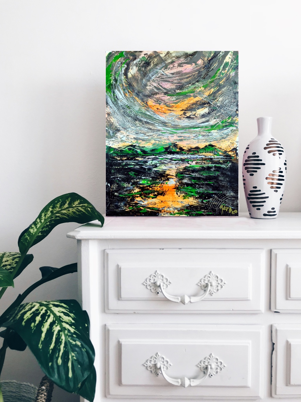 Cyclone Grey and Orange Seascape — art on the wall, room interior preview 2