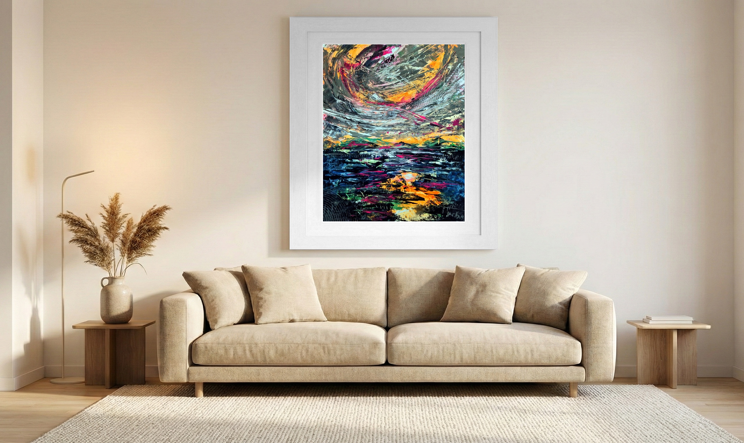 Cobalt and Fuchsia Seascape on Canvas — art on the wall, room interior preview 1