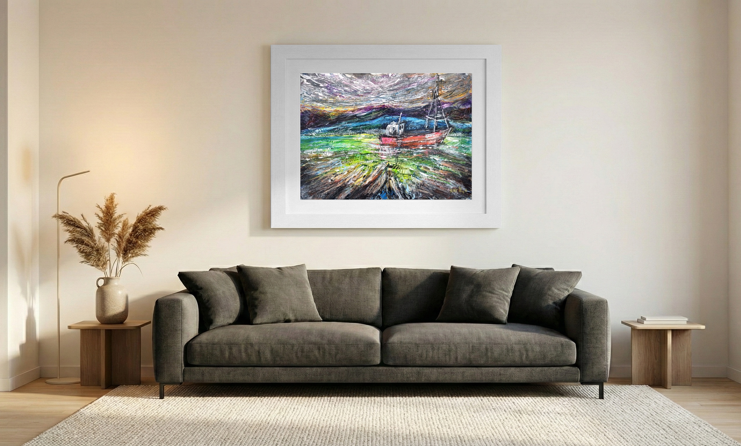Donegal Fishing Boat in Turbulent Waters — art on the wall, room interior preview 1
