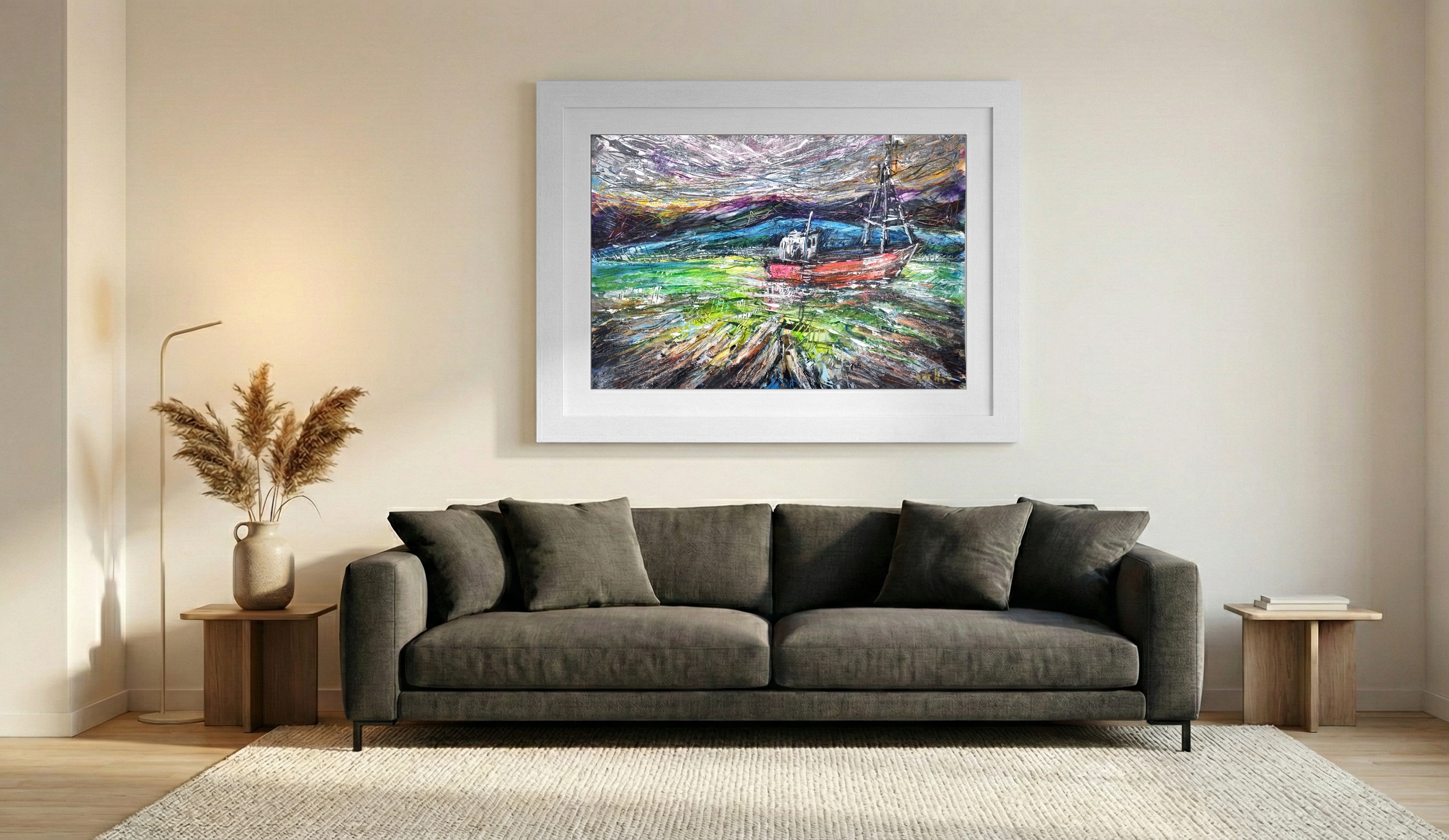 Donegal Fishing Boat in Turbulent Waters — art on the wall, room interior preview 2
