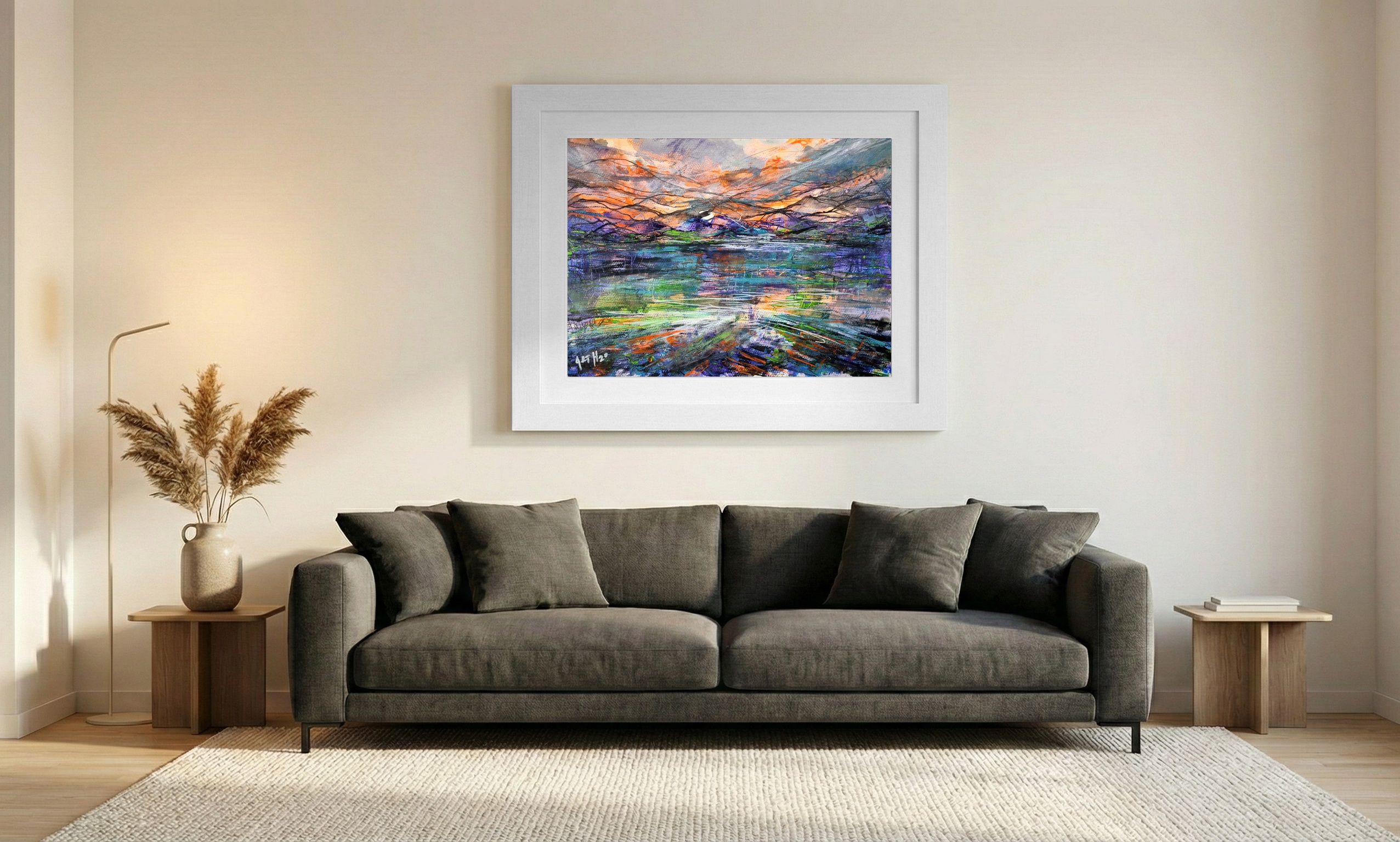 Fiery Sky Over Water Reflection on Paper — art on the wall, room interior preview 1