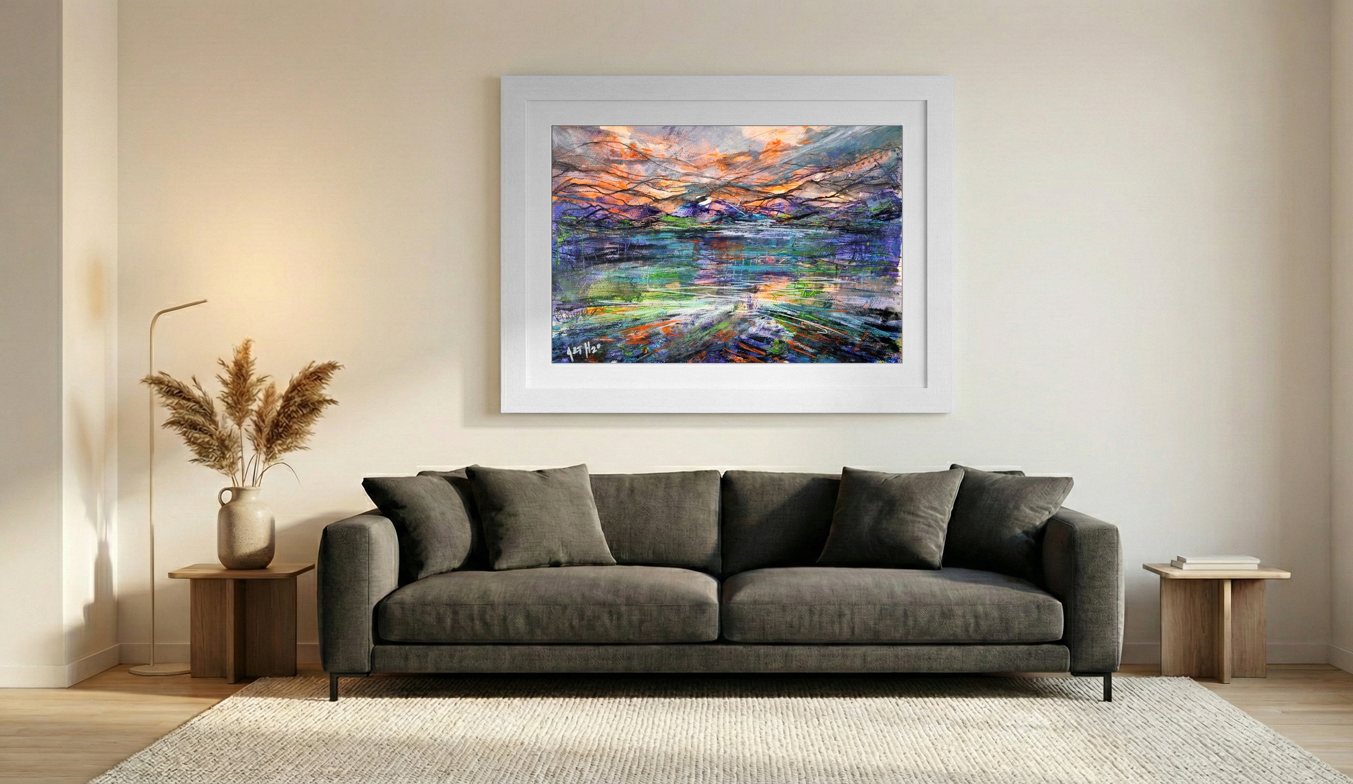 Fiery Sky Over Water Reflection on Paper — art on the wall, room interior preview 2