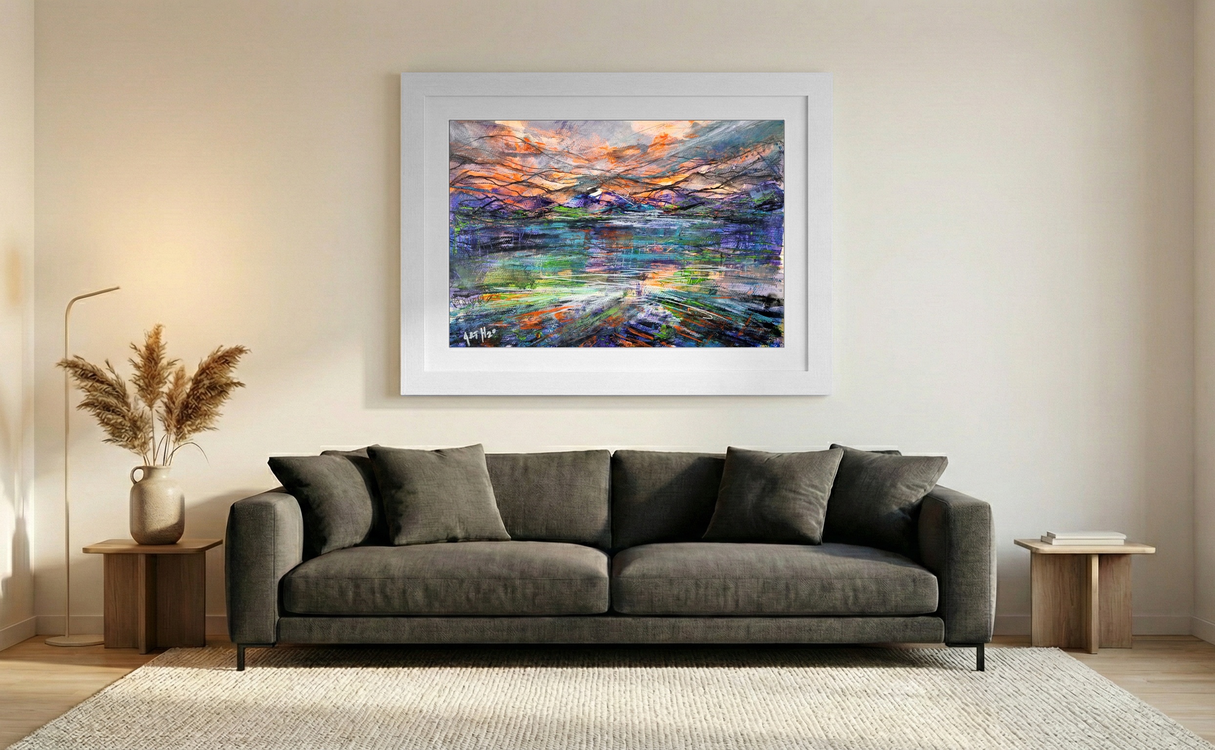 Fiery Sky Over Water Reflection on Paper — art on the wall, room interior preview 3