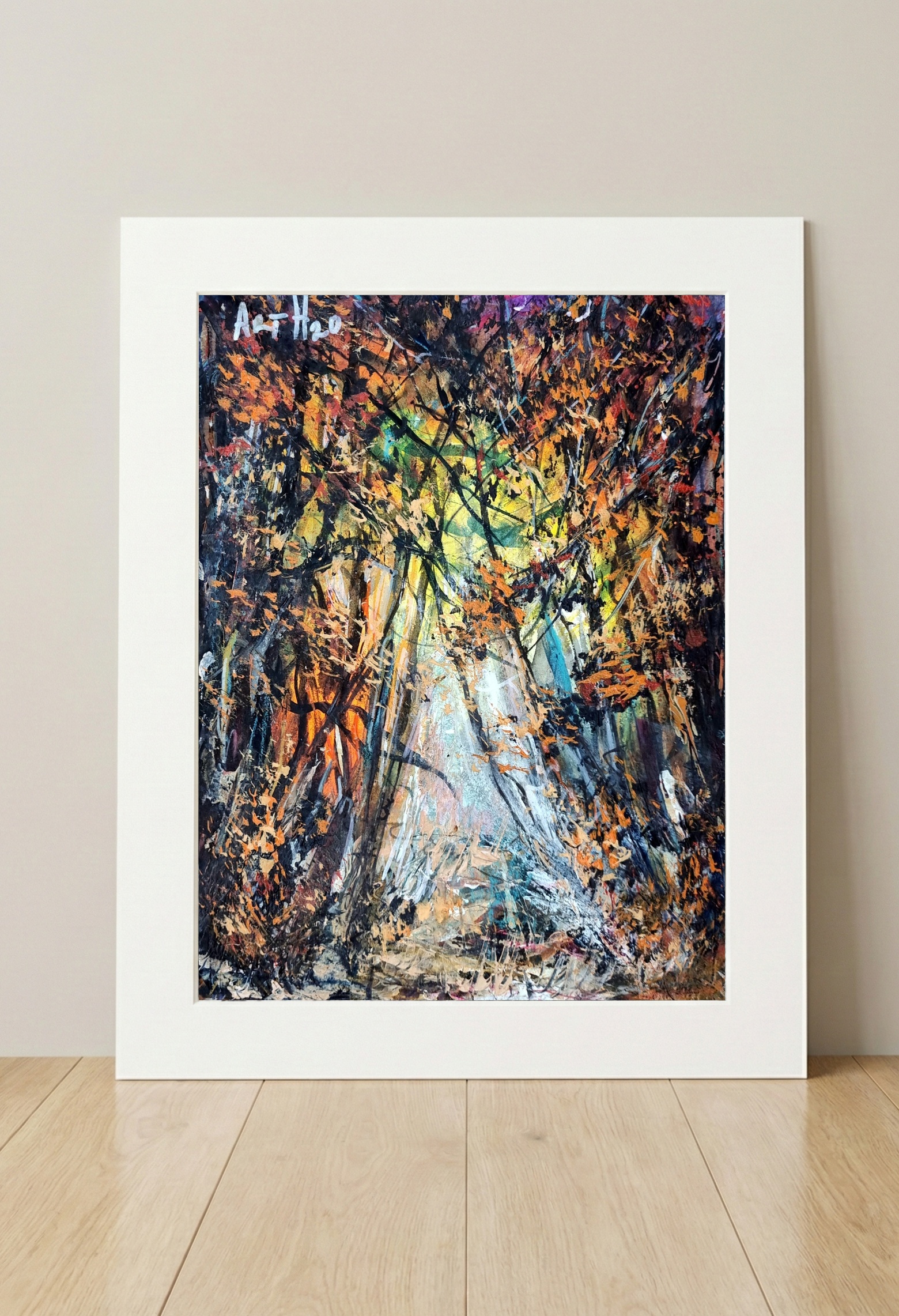 Fiery Light Through Autumn Trees — art on the wall, room interior preview 3