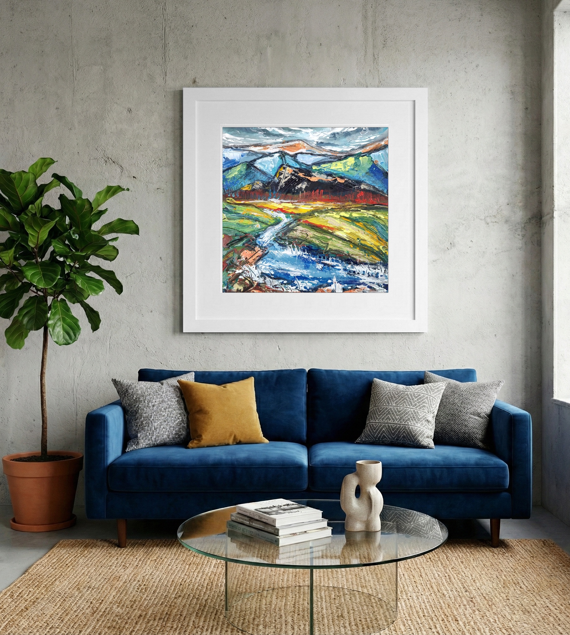 Blue and Green Mountain River Flow — art on the wall, room interior preview 1