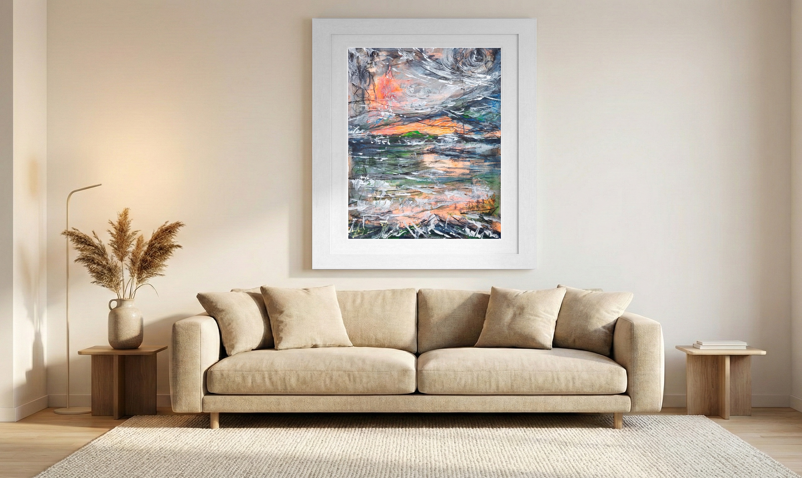 Fiery Sunset Over Water — art on the wall, room interior preview 1