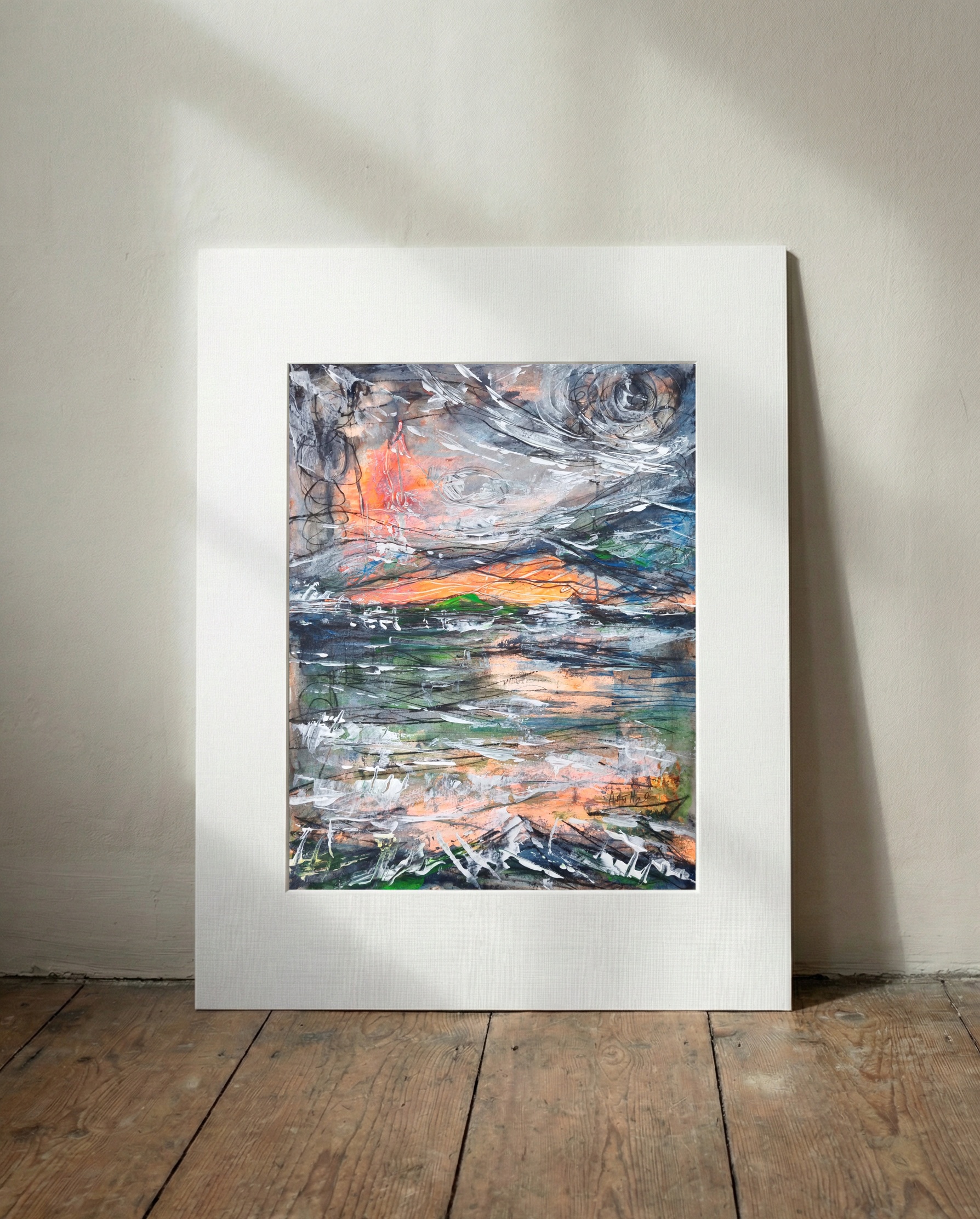 Fiery Sunset Over Water — art on the wall, room interior preview 3