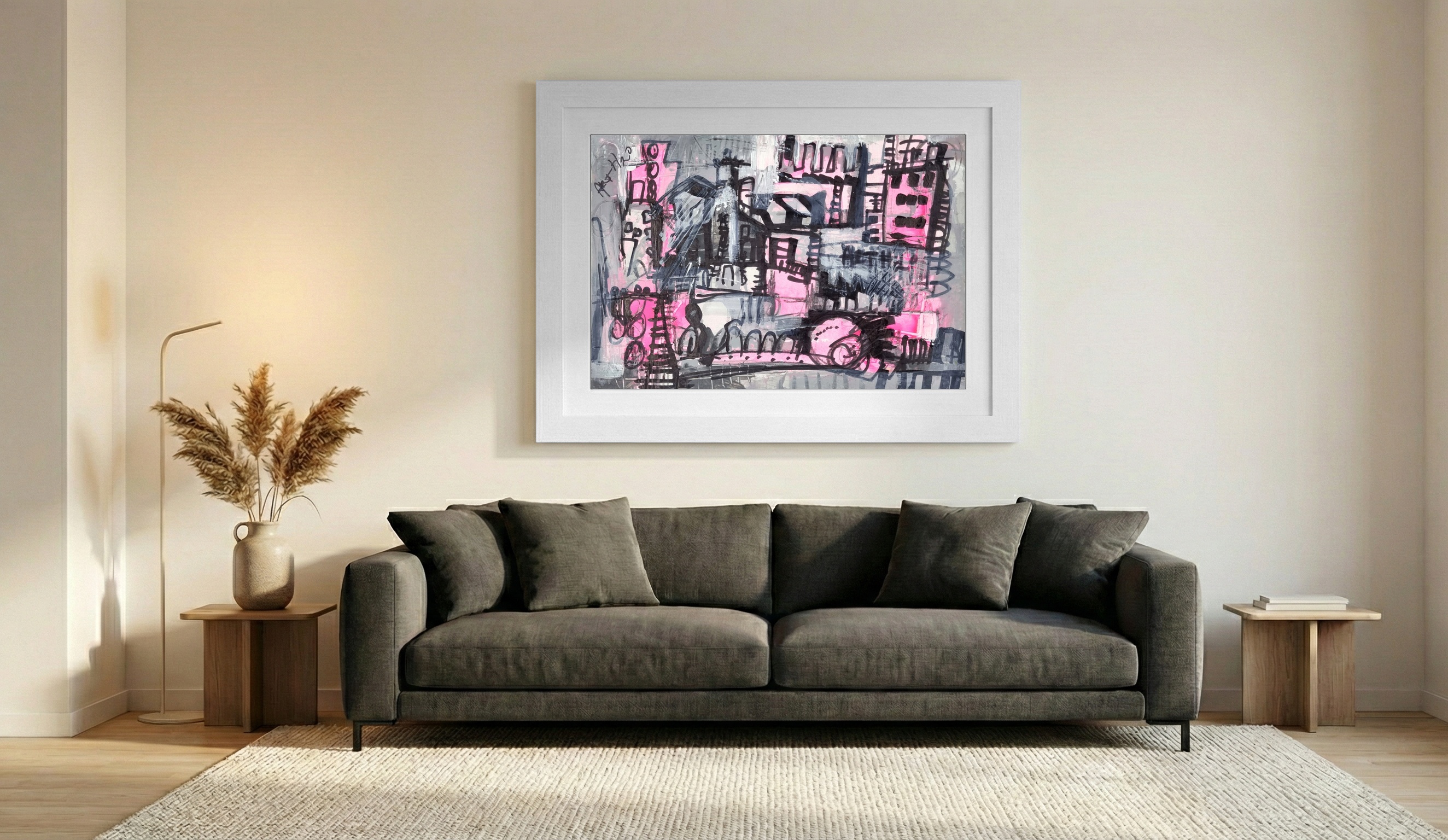 Pink and Gray Urban Chaos in Abstract — art on the wall, room interior preview 2