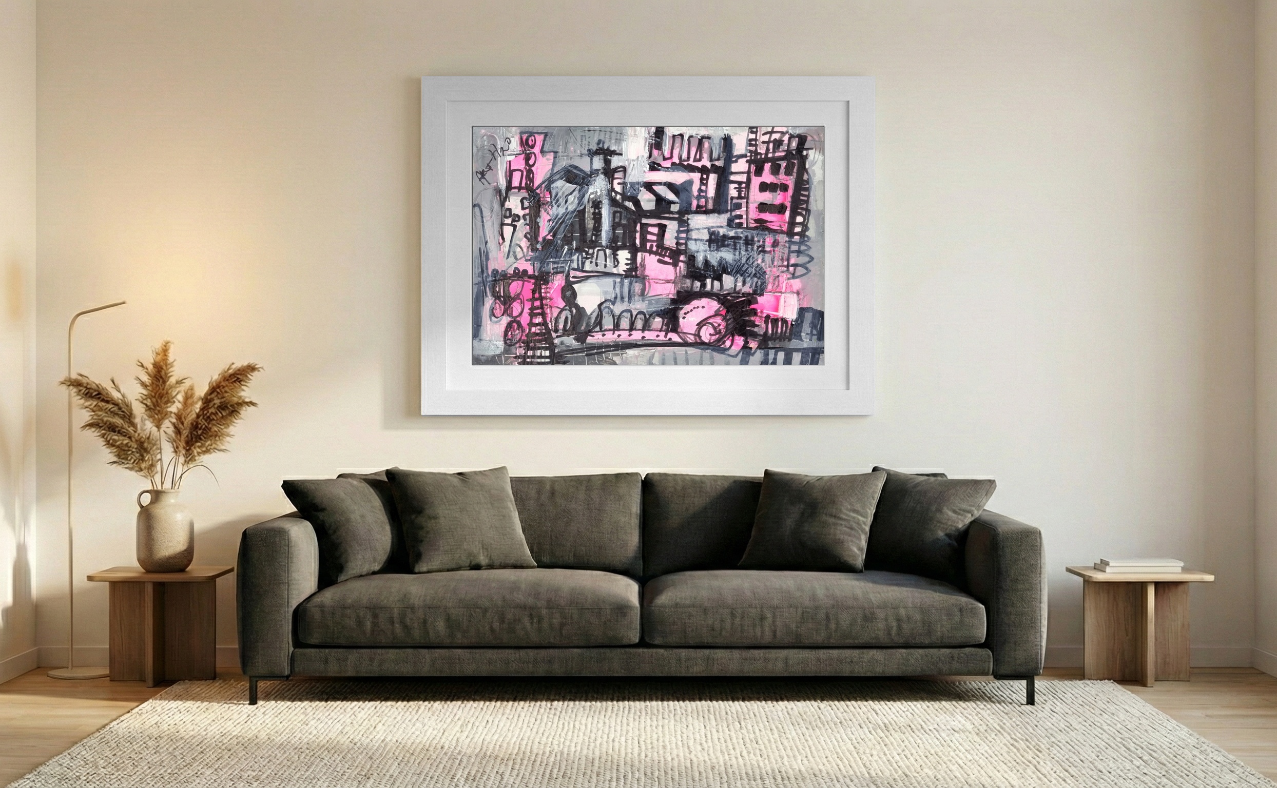 Pink and Gray Urban Chaos in Abstract — art on the wall, room interior preview 3