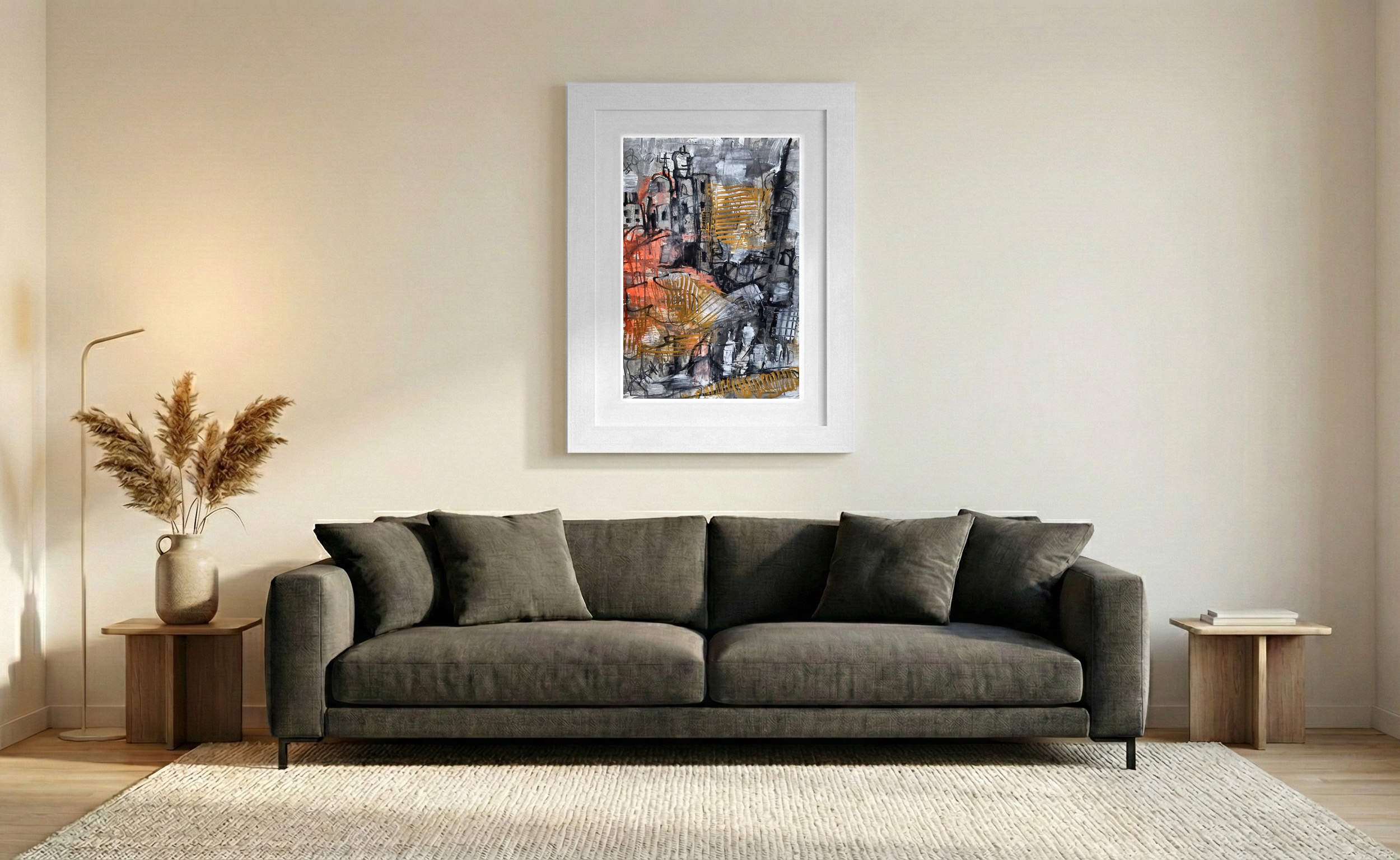 Ash and Gold Abstract Cityscape — art on the wall, room interior preview 1