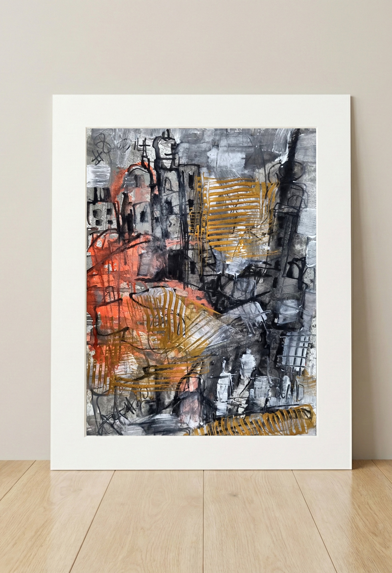 Ash and Gold Abstract Cityscape — art on the wall, room interior preview 3