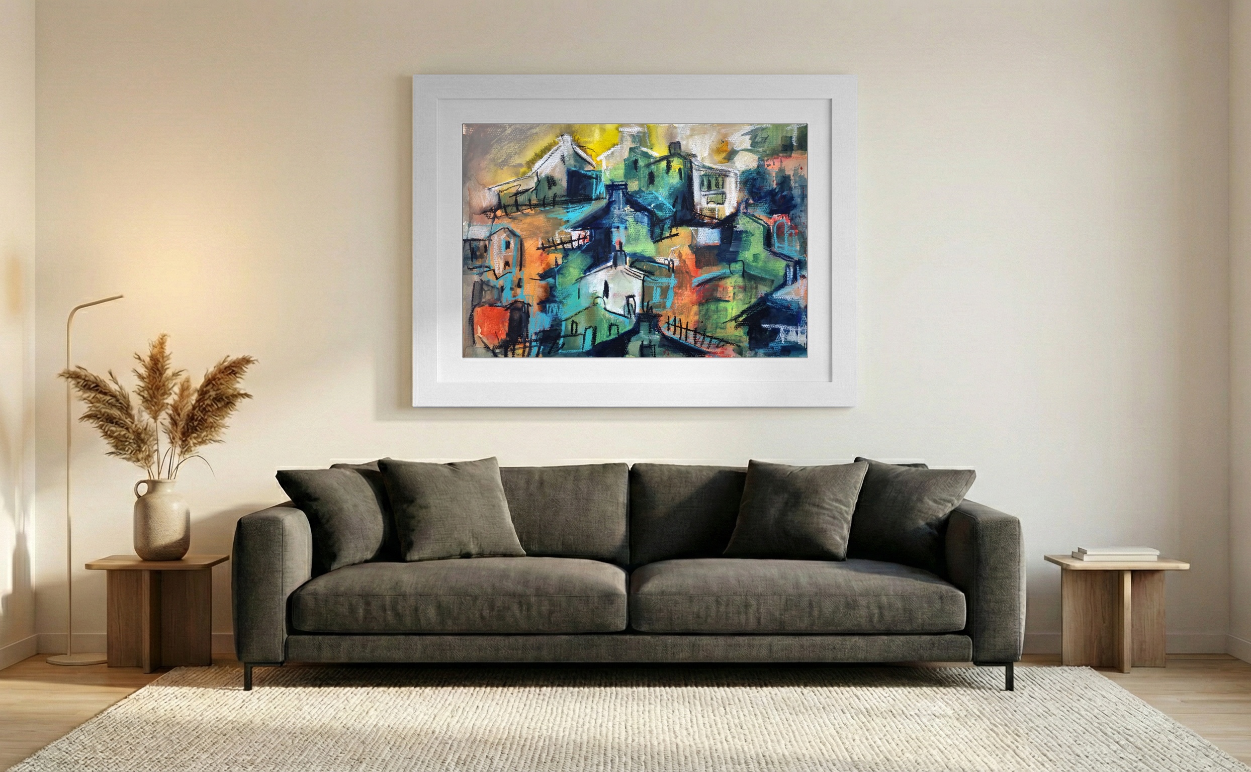 Vivid Turquoise and Earthy Hillside Village — art on the wall, room interior preview 3