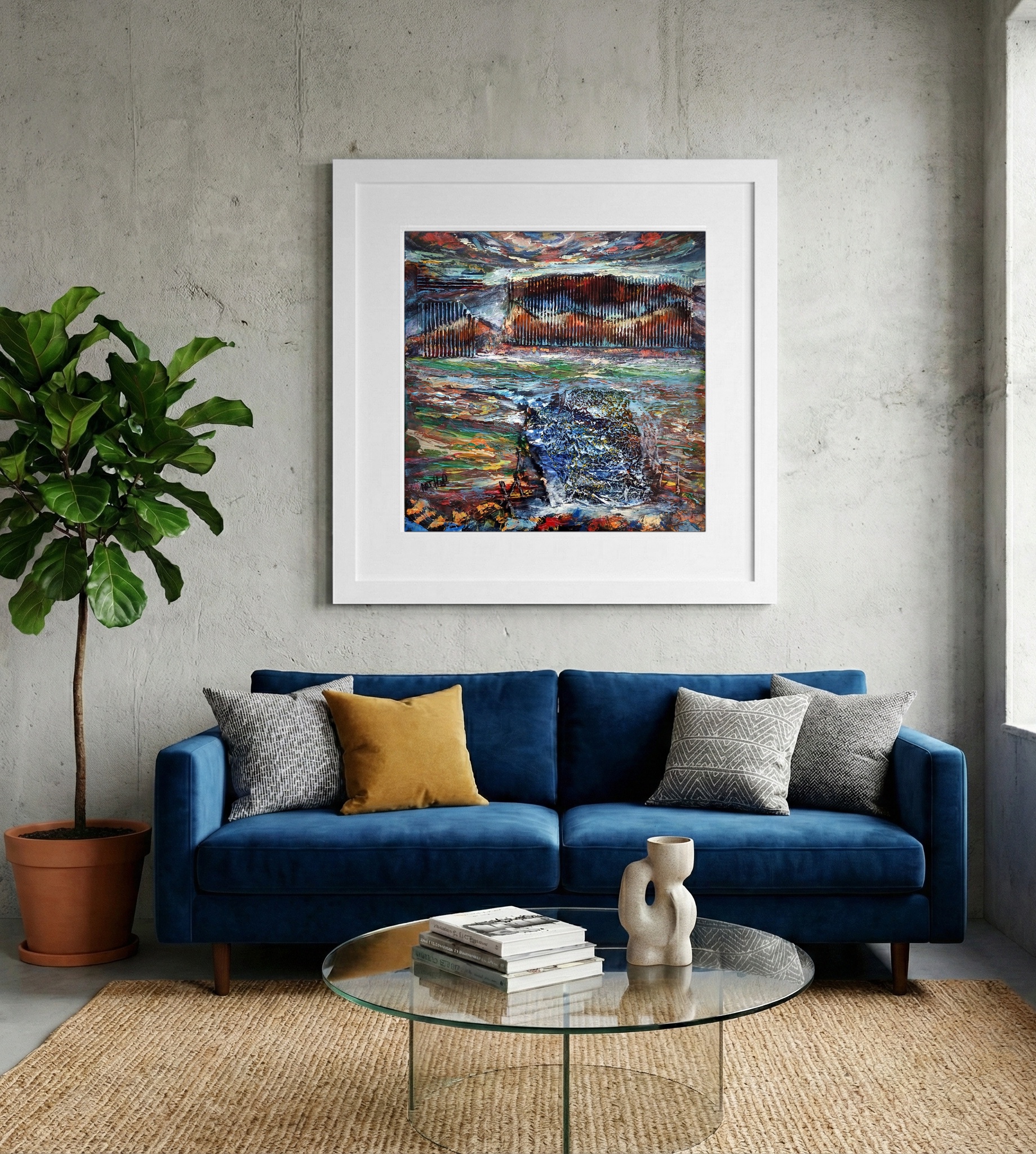 Rust and Blue Abstract Coastal Scene — art on the wall, room interior preview 2