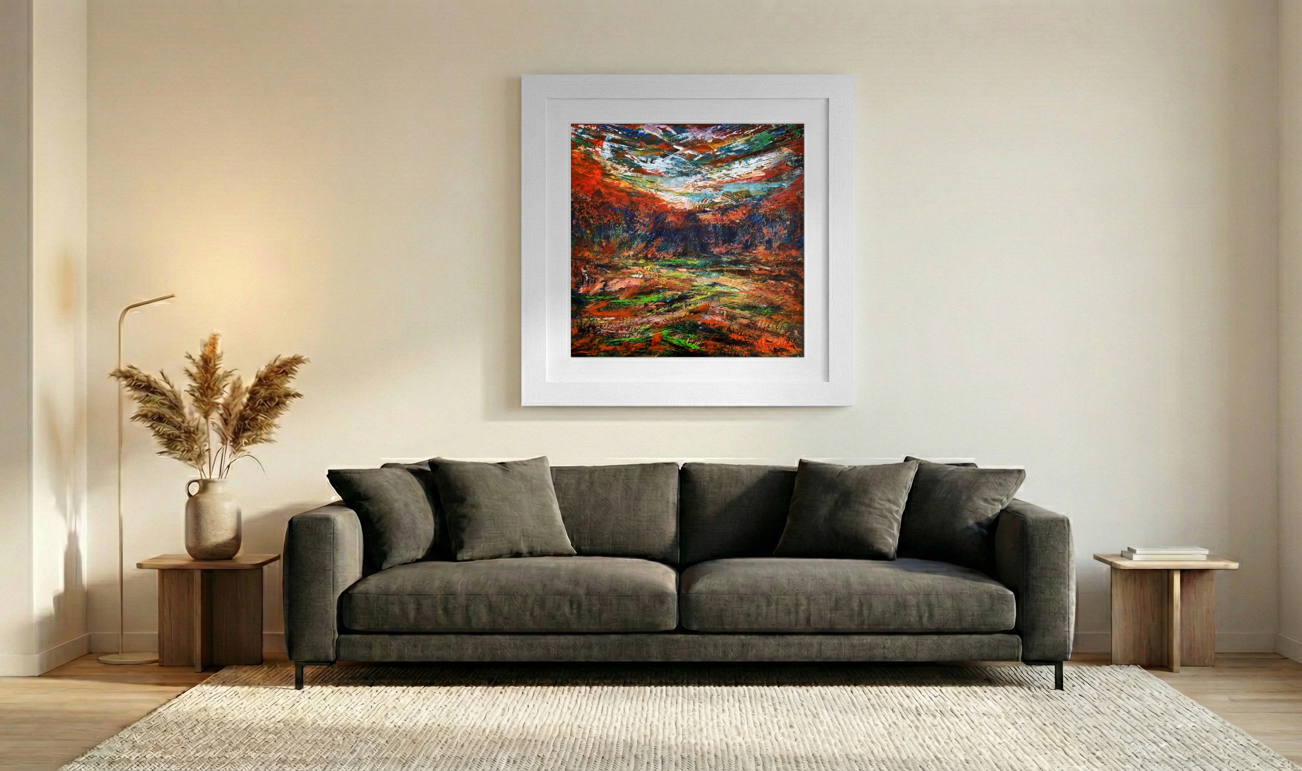 Fiery Red and Orange Autumn Landscape — art on the wall, room interior preview 3