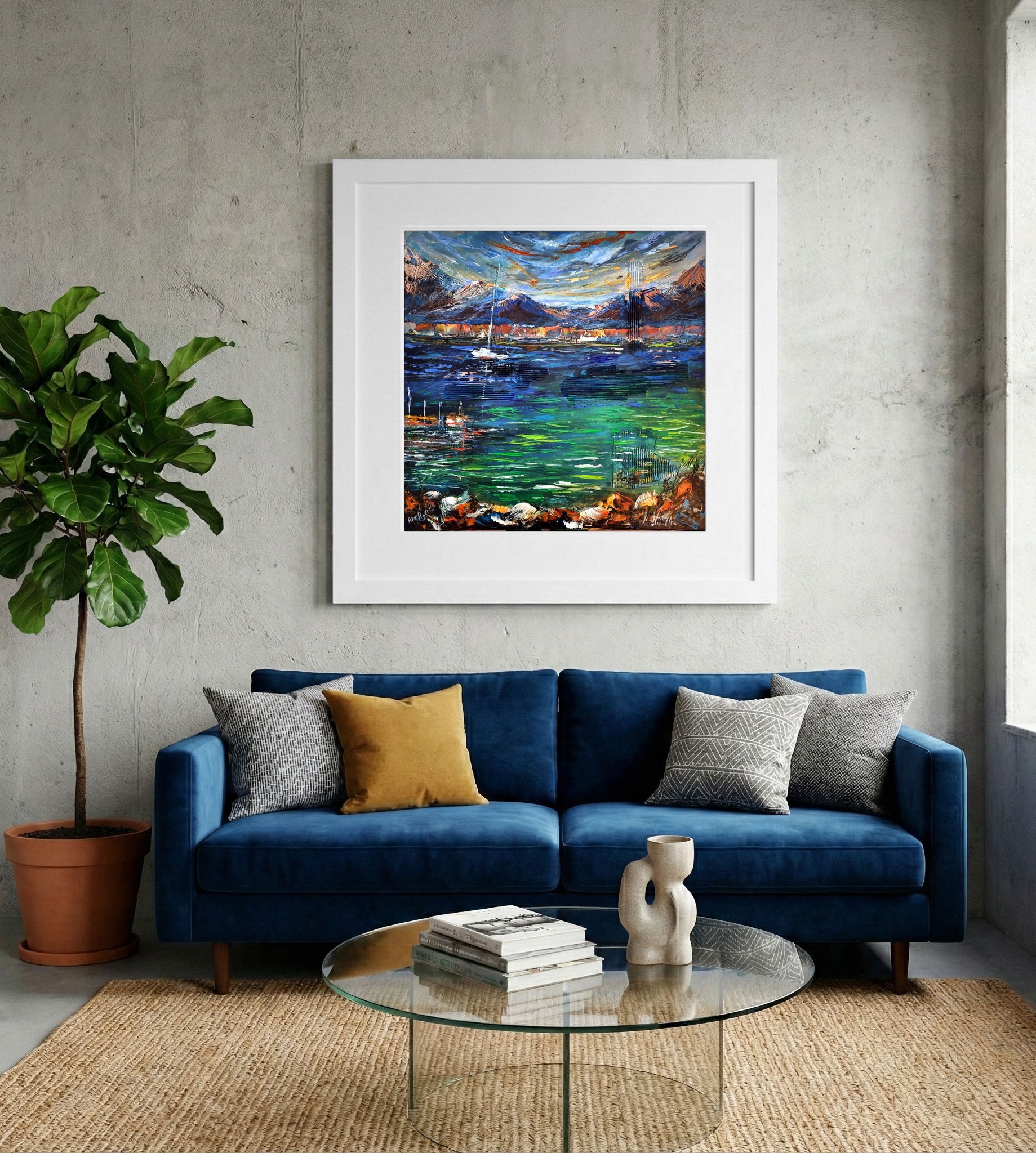 Emerald Bay Sailboats in Contemporary Abstract — art on the wall, room interior preview 2
