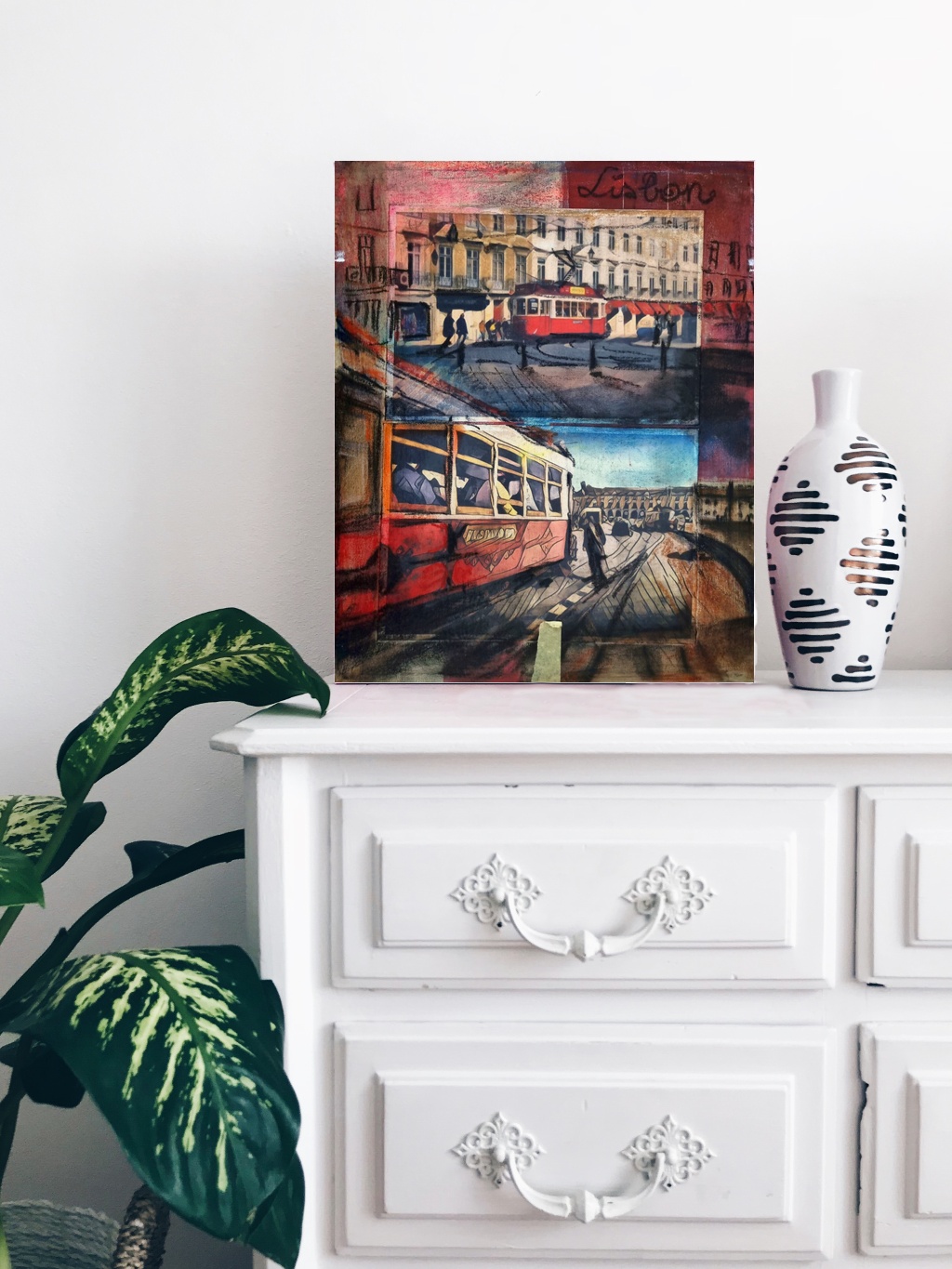 Red and Ochre Lisbon Tram Urban Collage — art on the wall, room interior preview 3