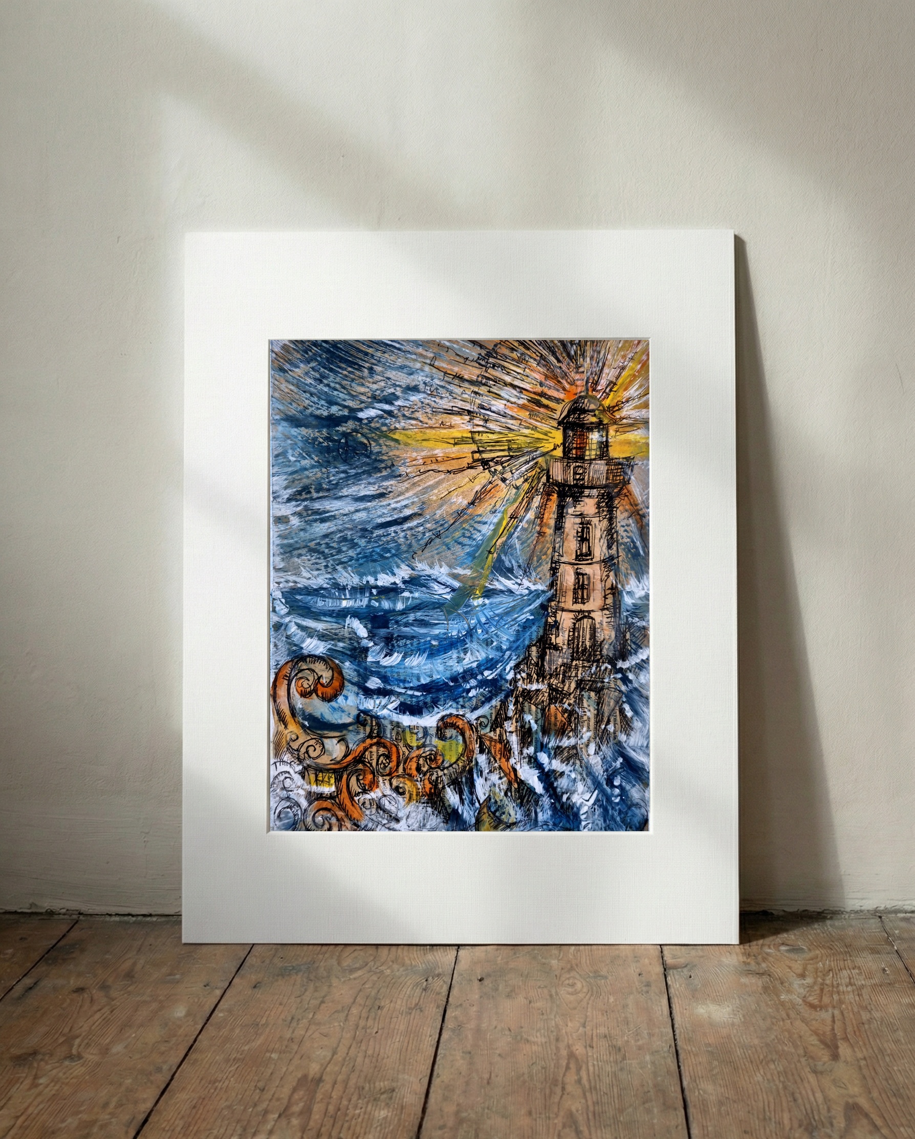 Tempestuous Lighthouse in Ink and Acrylic — art on the wall, room interior preview 2