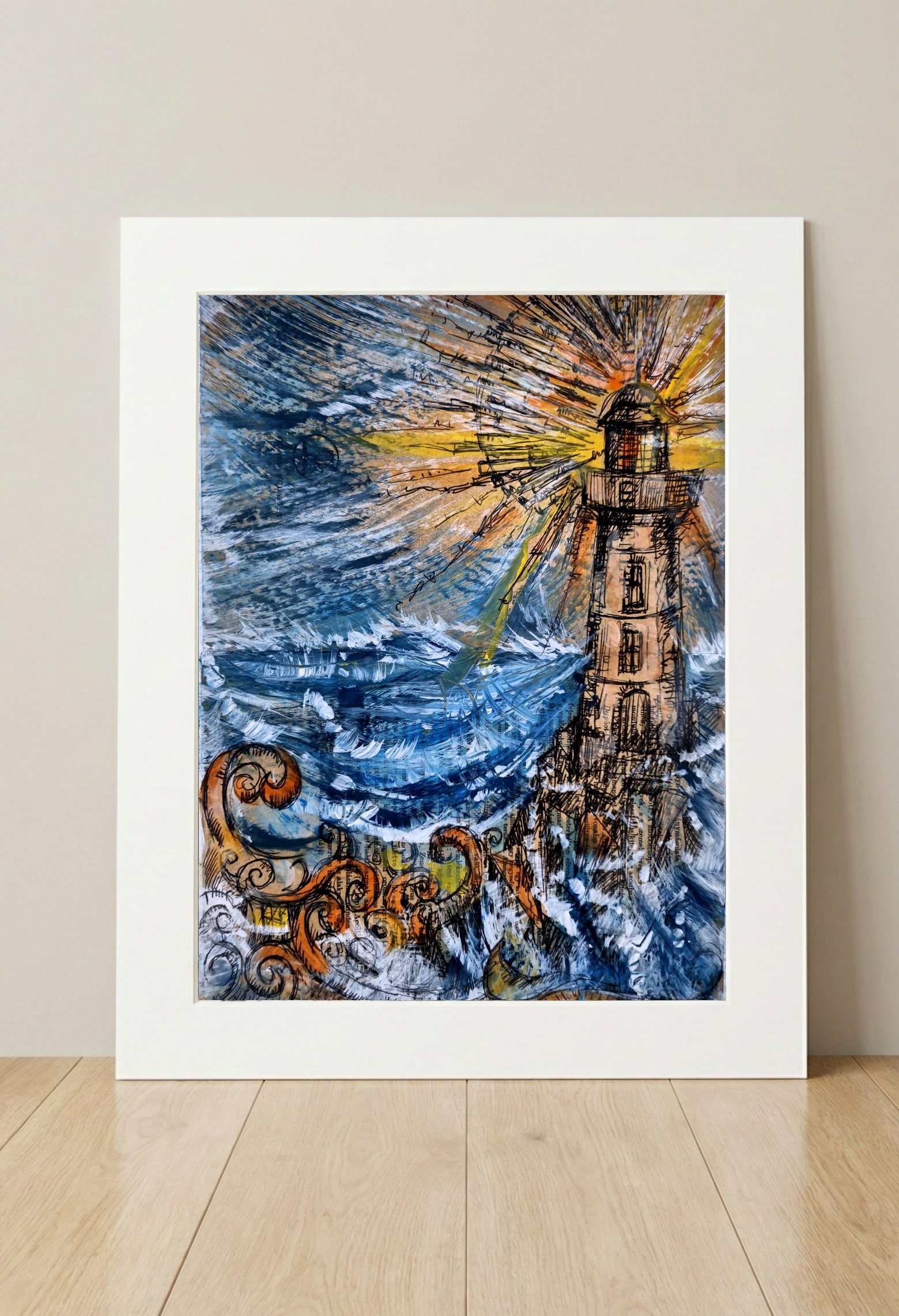 Tempestuous Lighthouse in Ink and Acrylic — art on the wall, room interior preview 3
