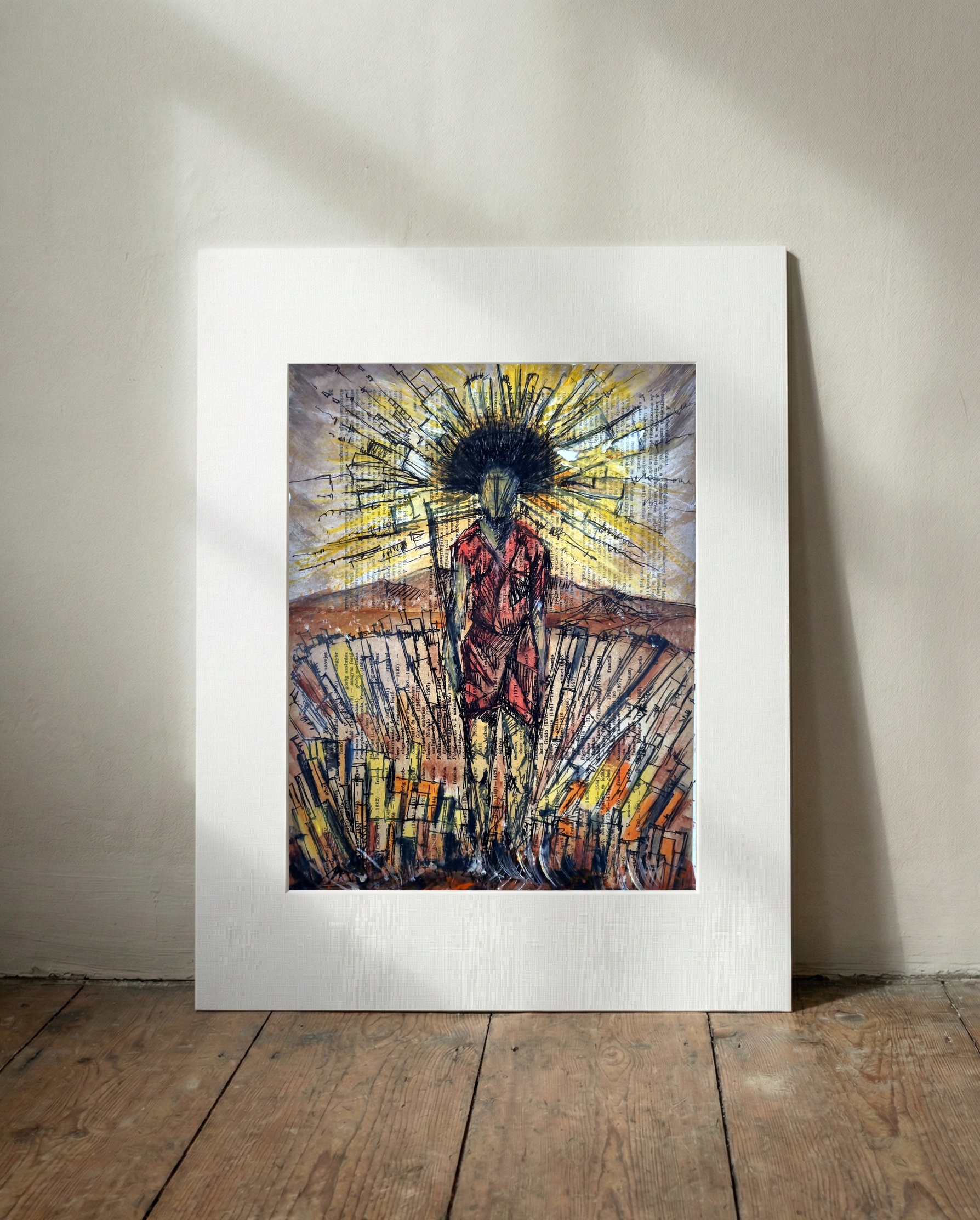 Red Figure Against Earthy Textured Background — art on the wall, room interior preview 1