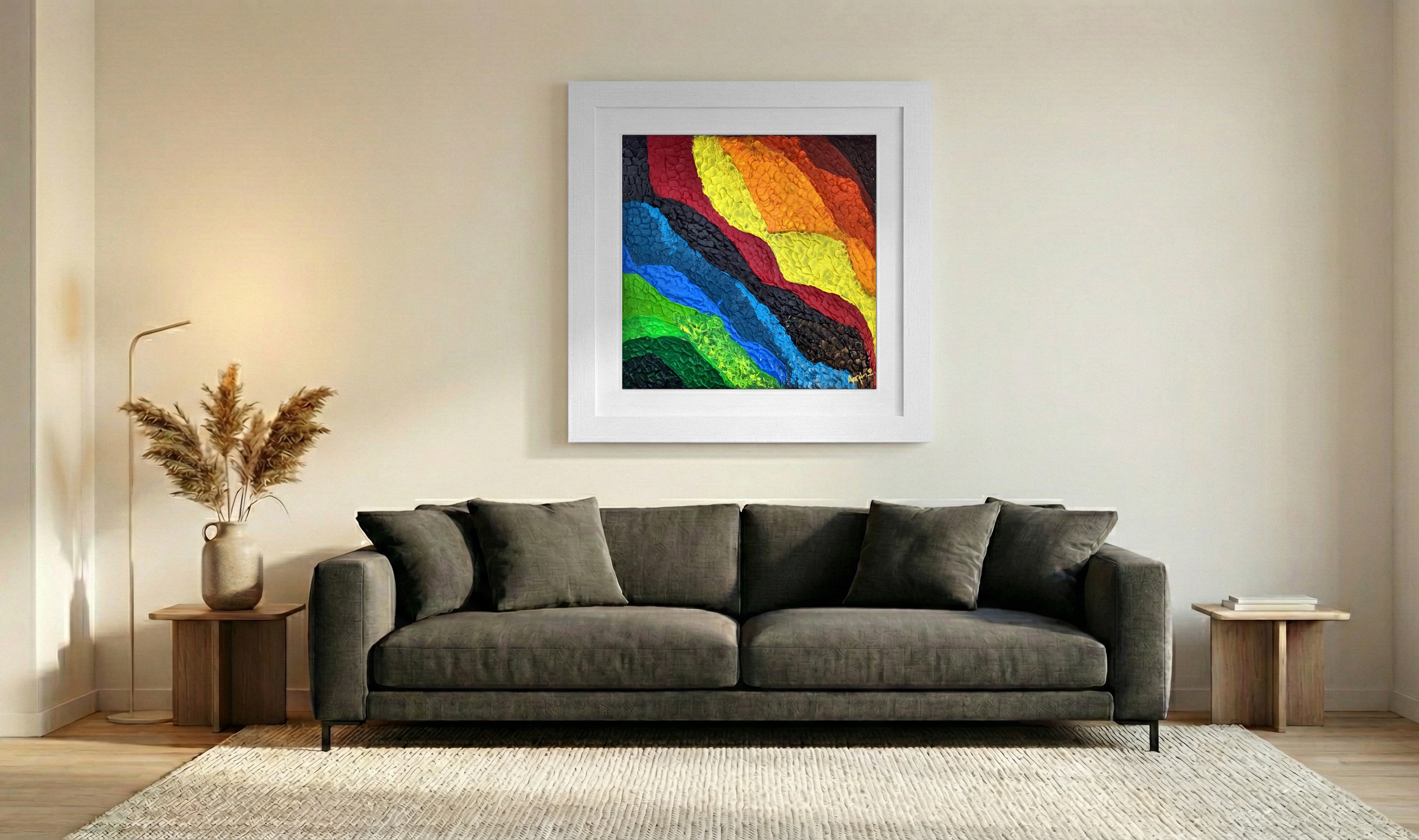 Sculptural Rainbow Waves in Abstract Expression — art on the wall, room interior preview 3