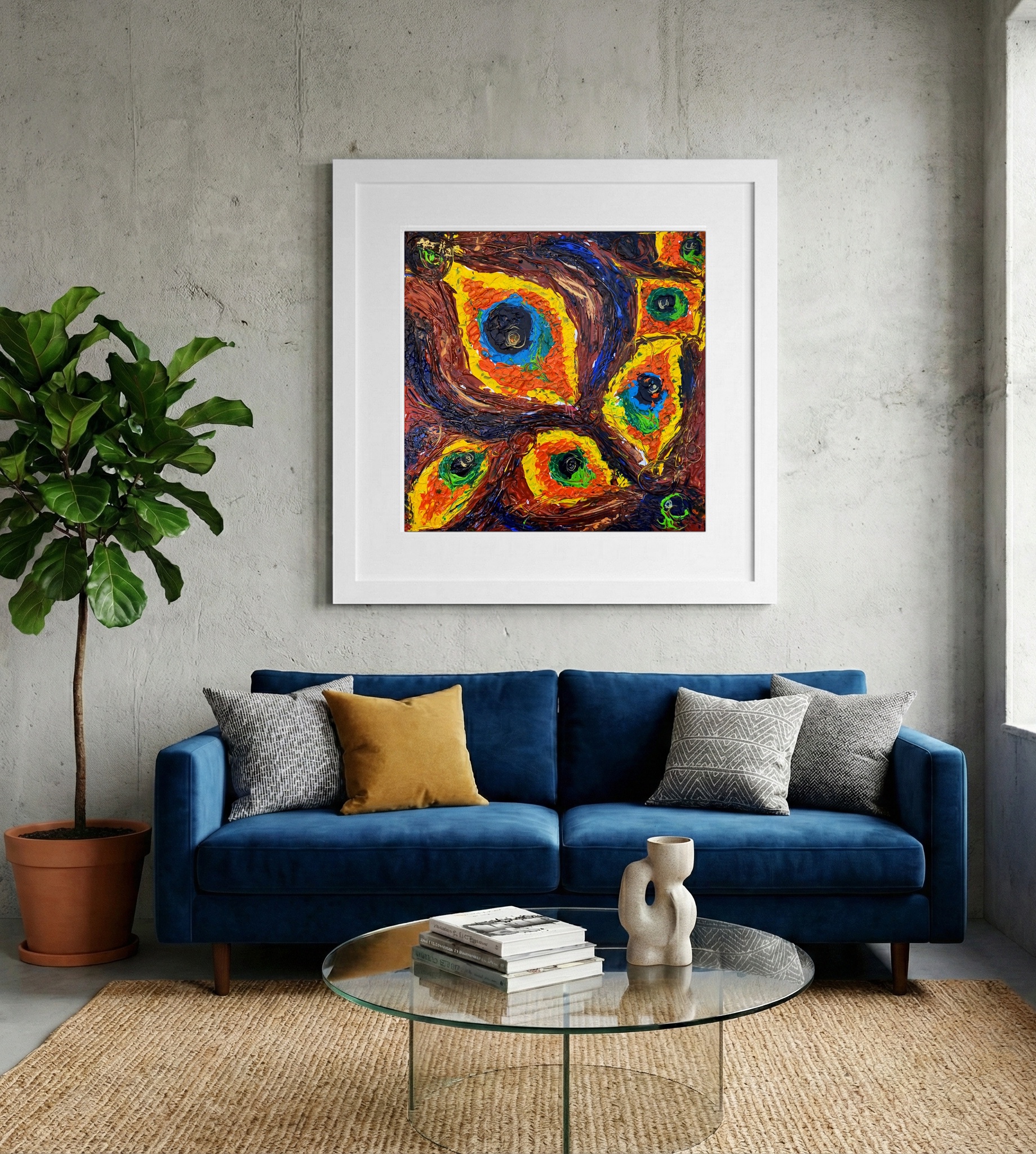 Abstract Feathers in Gold and Crimson Elegance — art on the wall, room interior preview 2