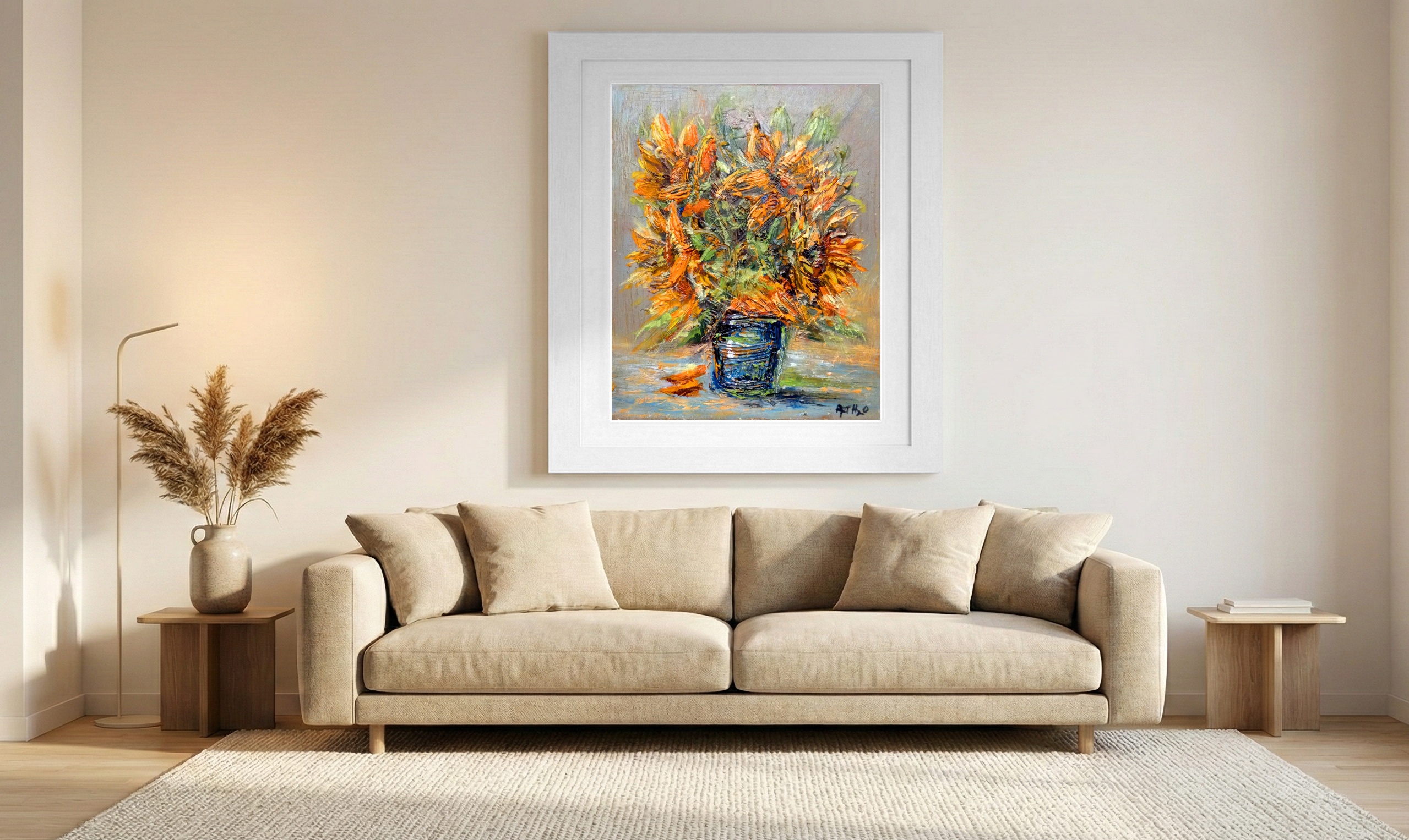 Dynamic Sunflowers in Blue Vase — art on the wall, room interior preview 1