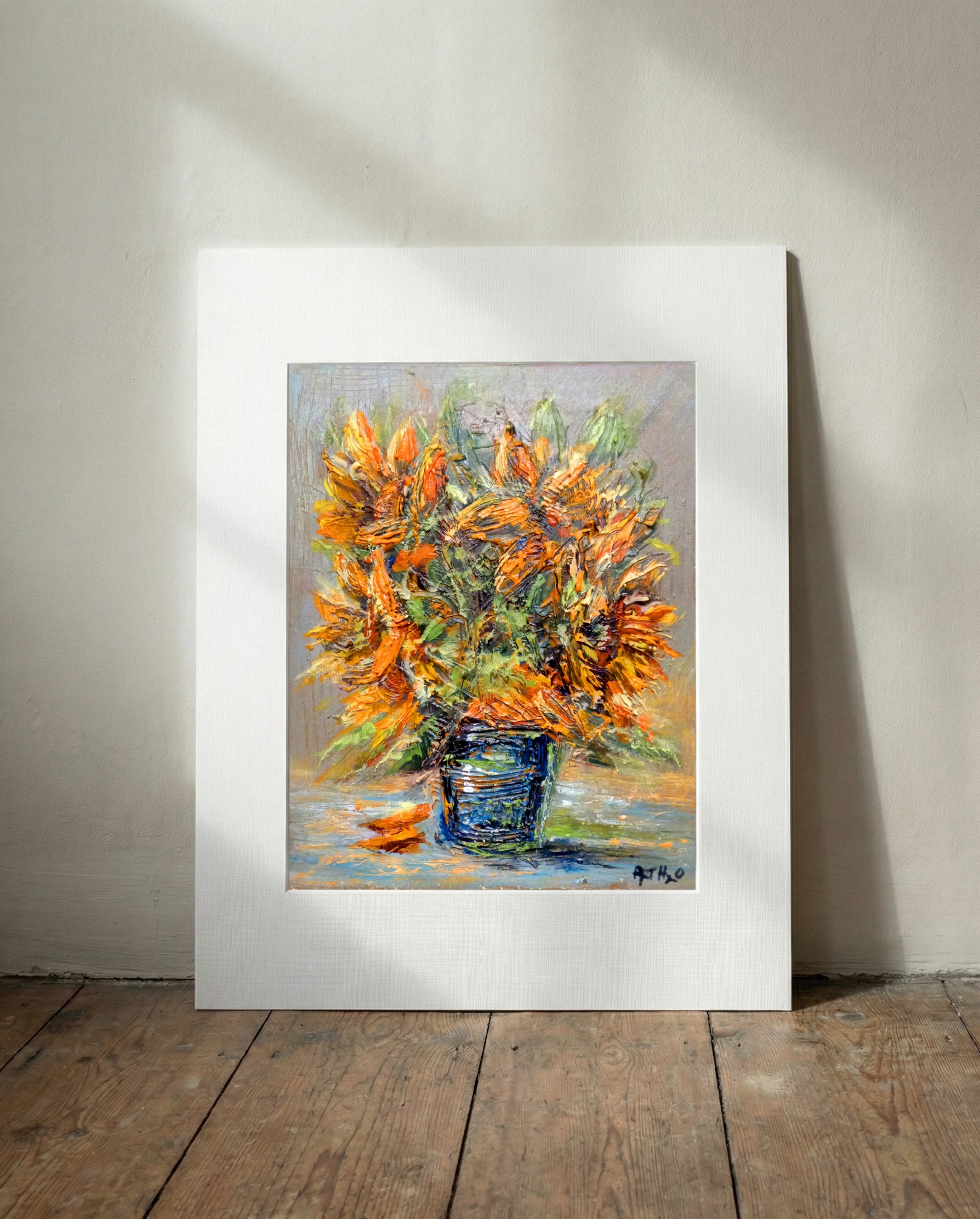 Dynamic Sunflowers in Blue Vase — art on the wall, room interior preview 3