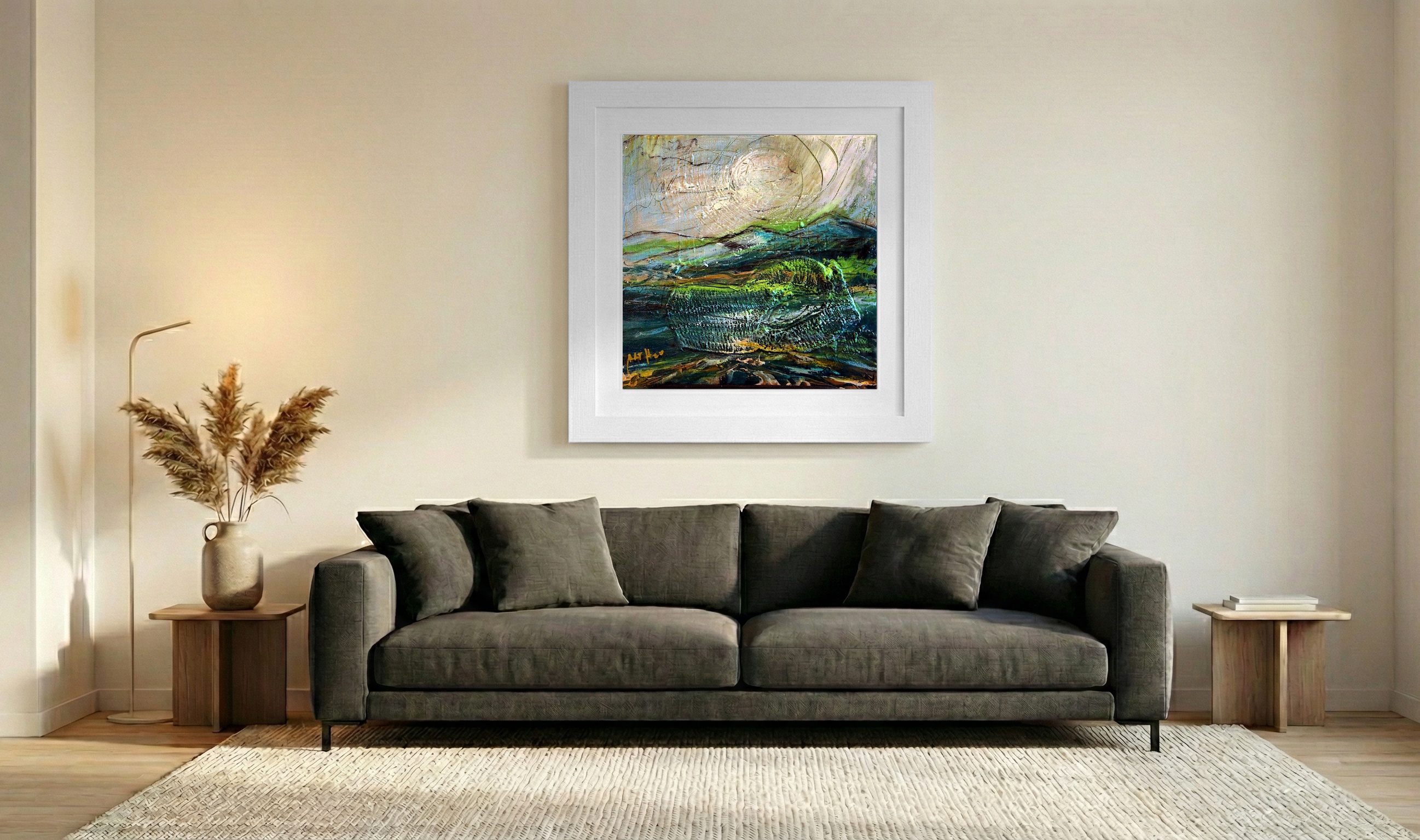 Emerald Green Irish Landscape Abstract — art on the wall, room interior preview 3