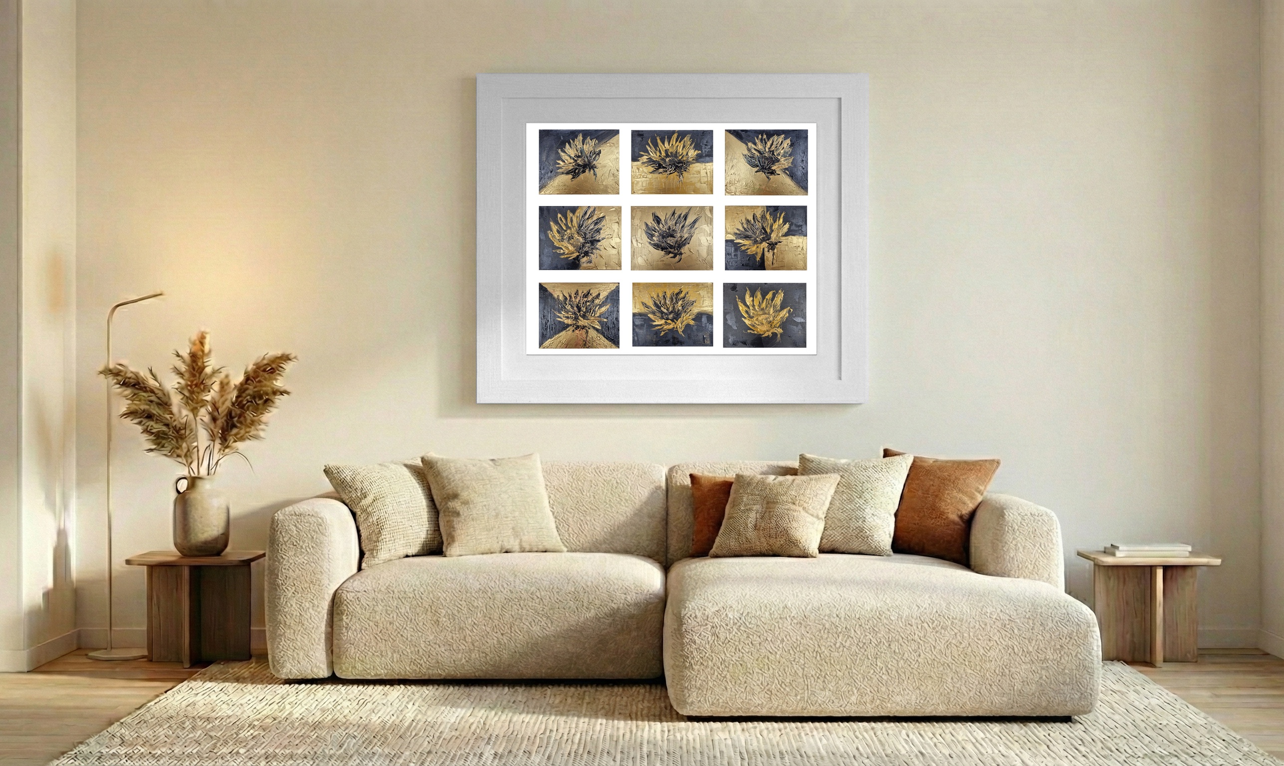 Black and Gold Sunflower Matrix Installation — art on the wall, room interior preview 1