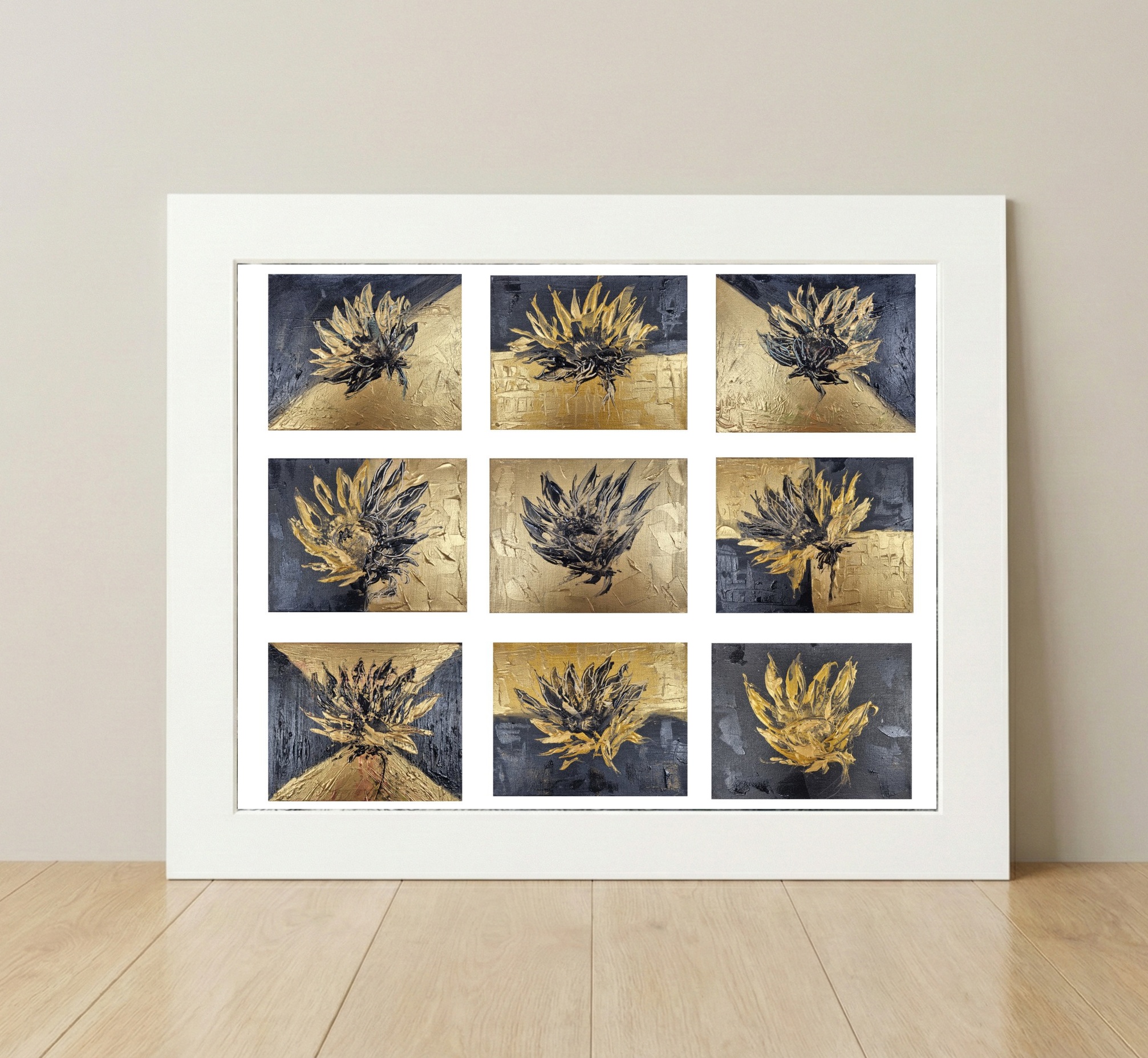 Black and Gold Sunflower Matrix Installation — art on the wall, room interior preview 2