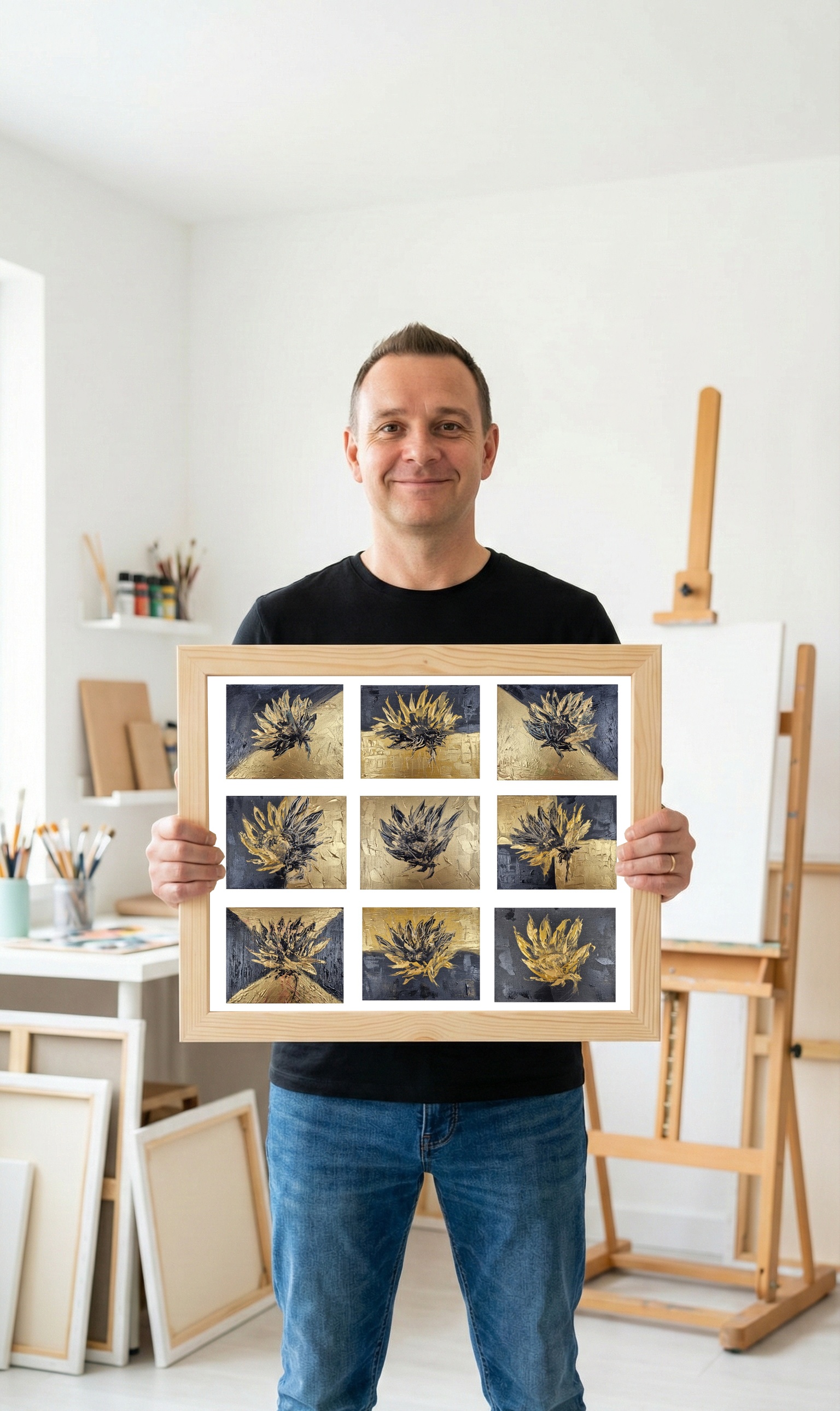 Black and Gold Sunflower Matrix Installation — art on the wall, room interior preview 3