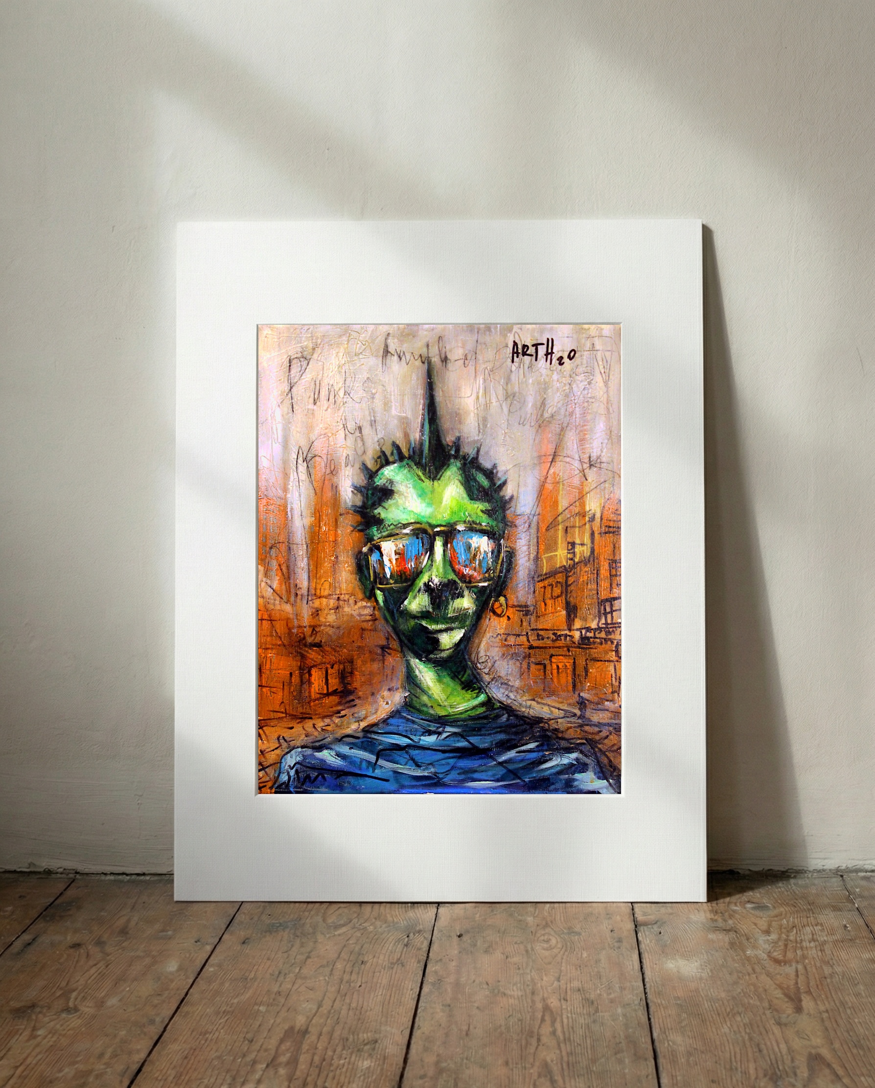 Vivid Green Punk Portrait Against Urban Backdrop — art on the wall, room interior preview 3