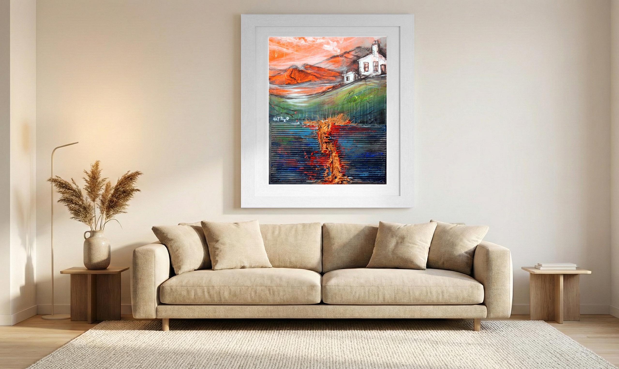 Fiery Orange and Green Irish Coastal Scene — art on the wall, room interior preview 1