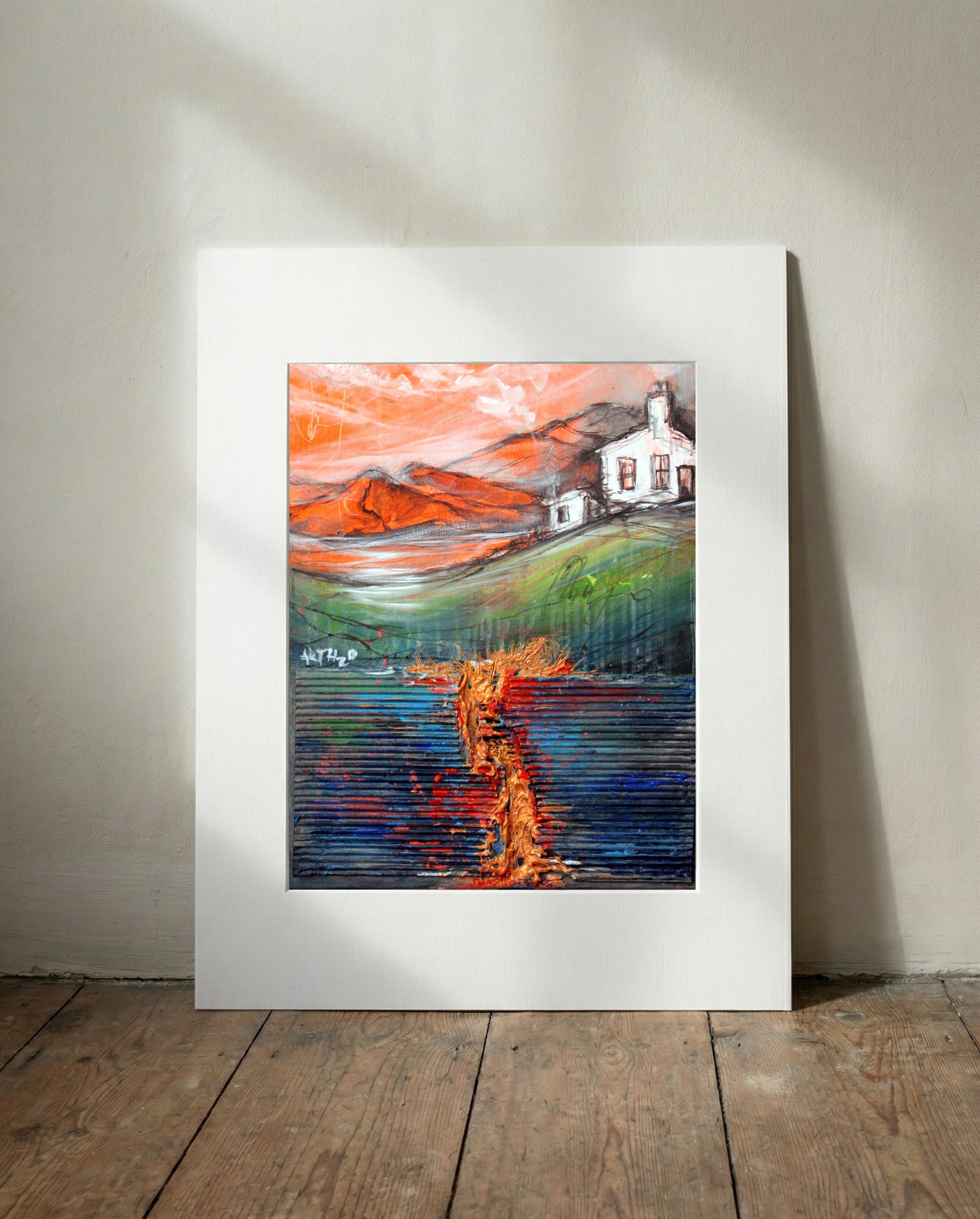 Fiery Orange and Green Irish Coastal Scene — art on the wall, room interior preview 3