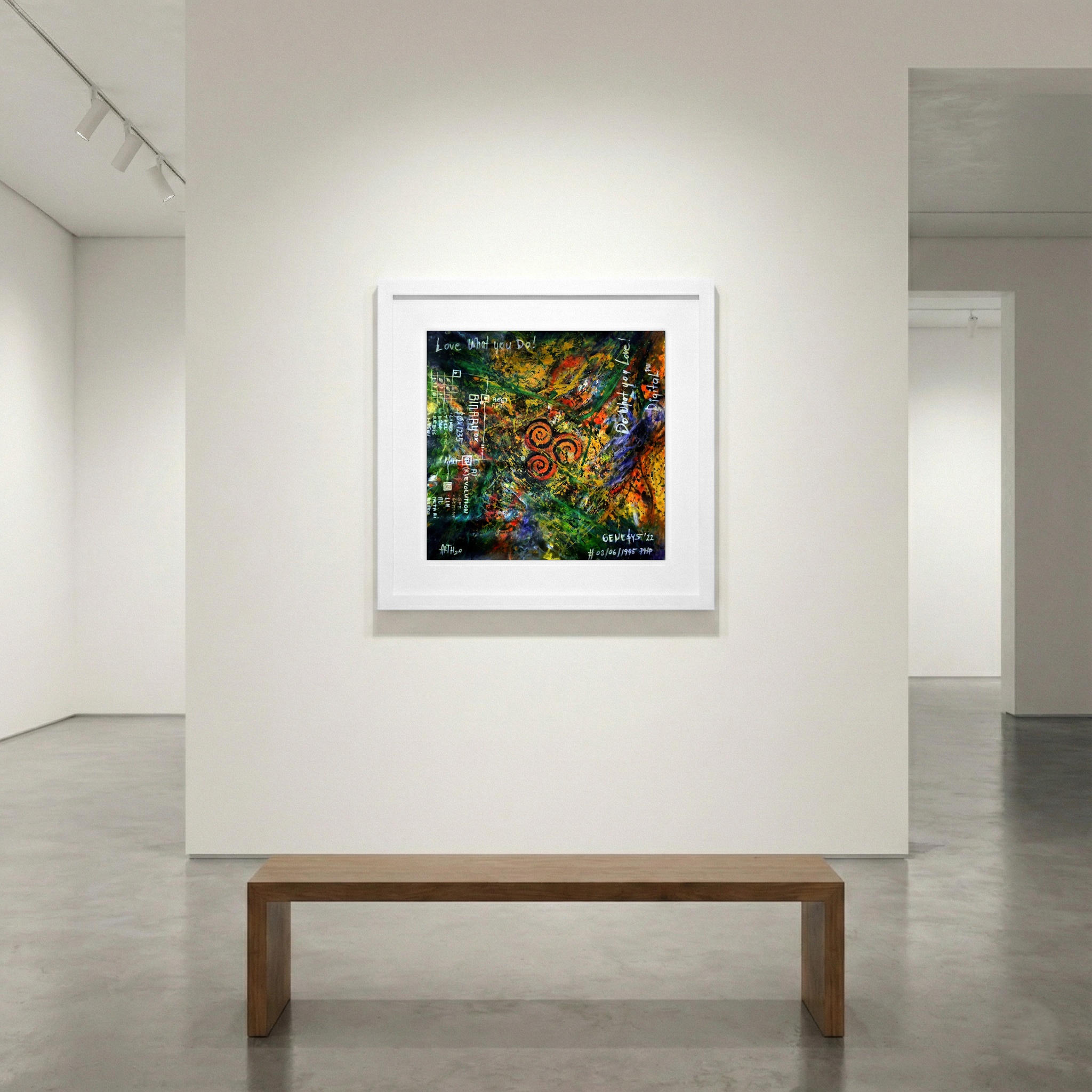 Energetic Swirls of Green and Orange Code — art on the wall, room interior preview 1