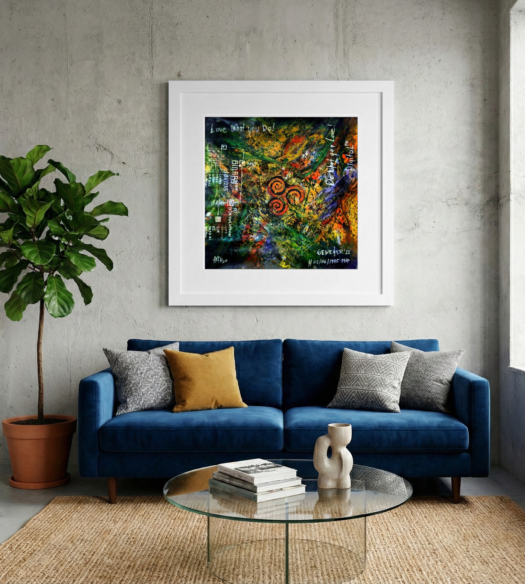 Energetic Swirls of Green and Orange Code — art on the wall, room interior preview 2
