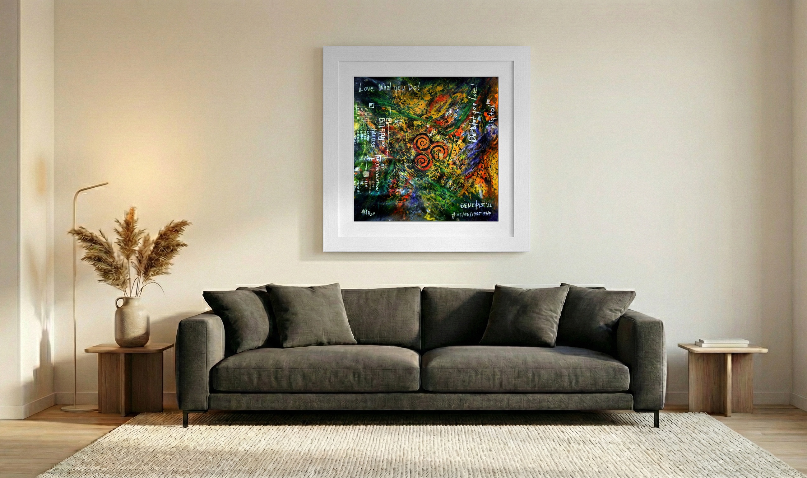 Energetic Swirls of Green and Orange Code — art on the wall, room interior preview 3