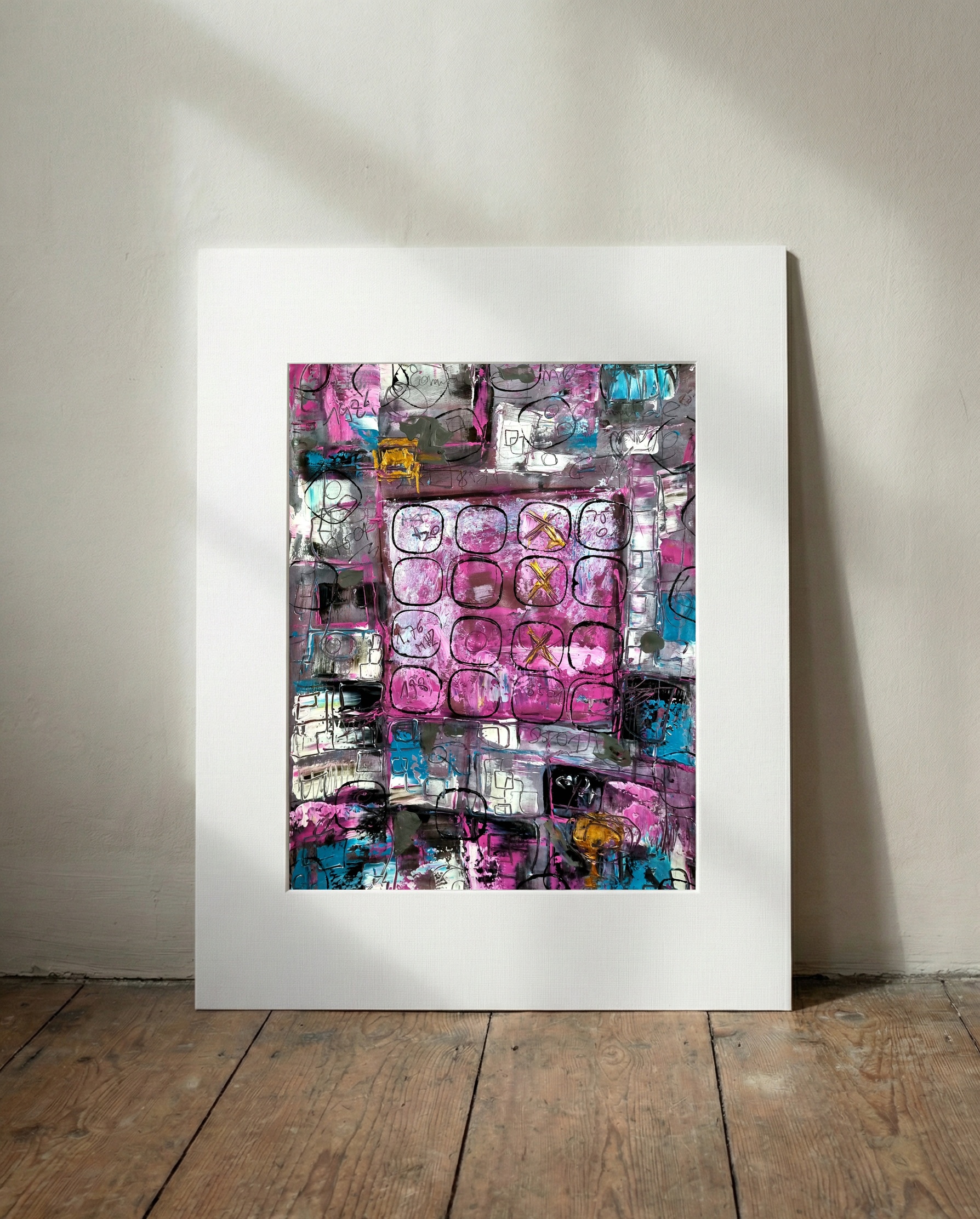 Magenta and Teal Urban Abstract — art on the wall, room interior preview 2