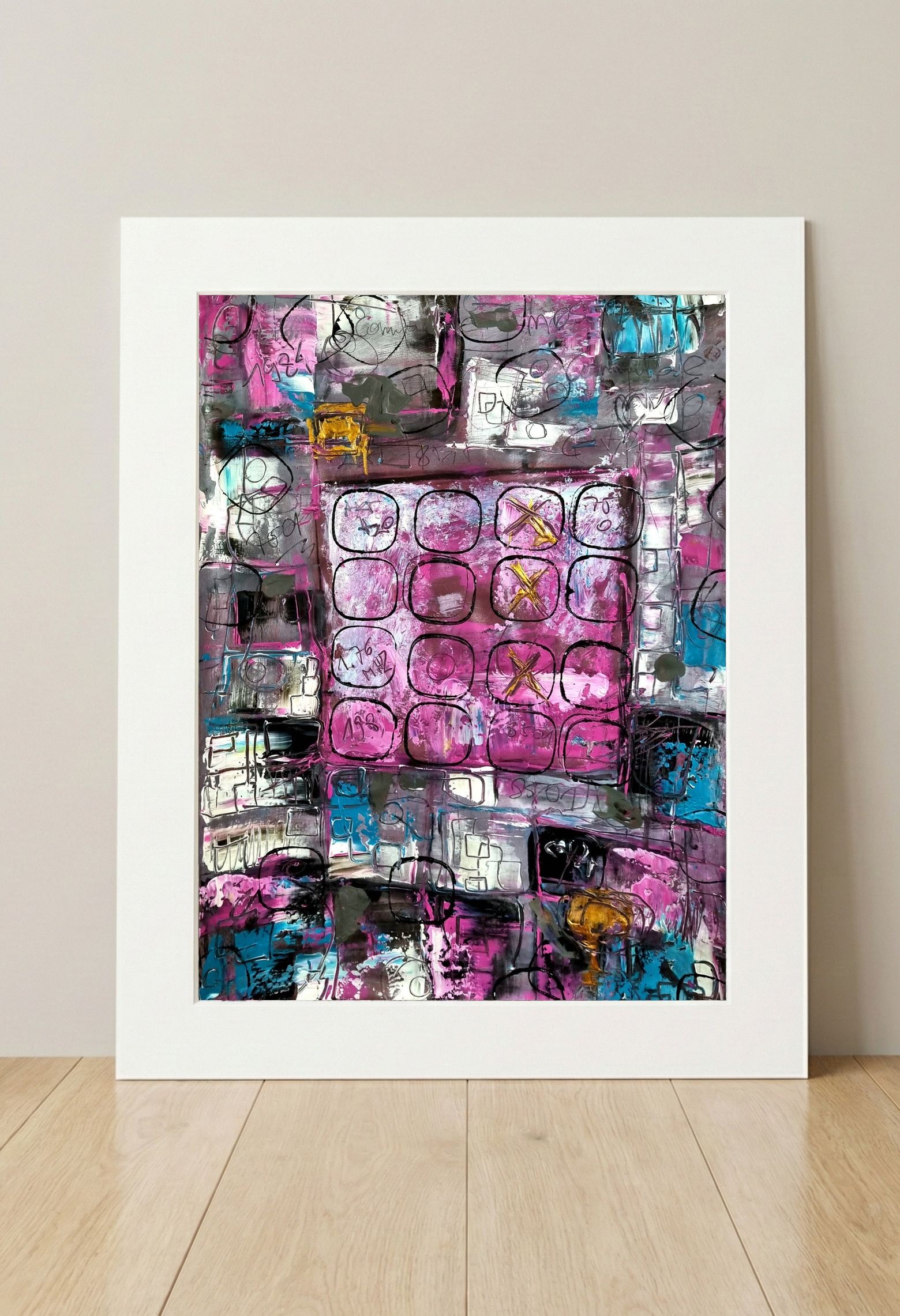 Magenta and Teal Urban Abstract — art on the wall, room interior preview 3