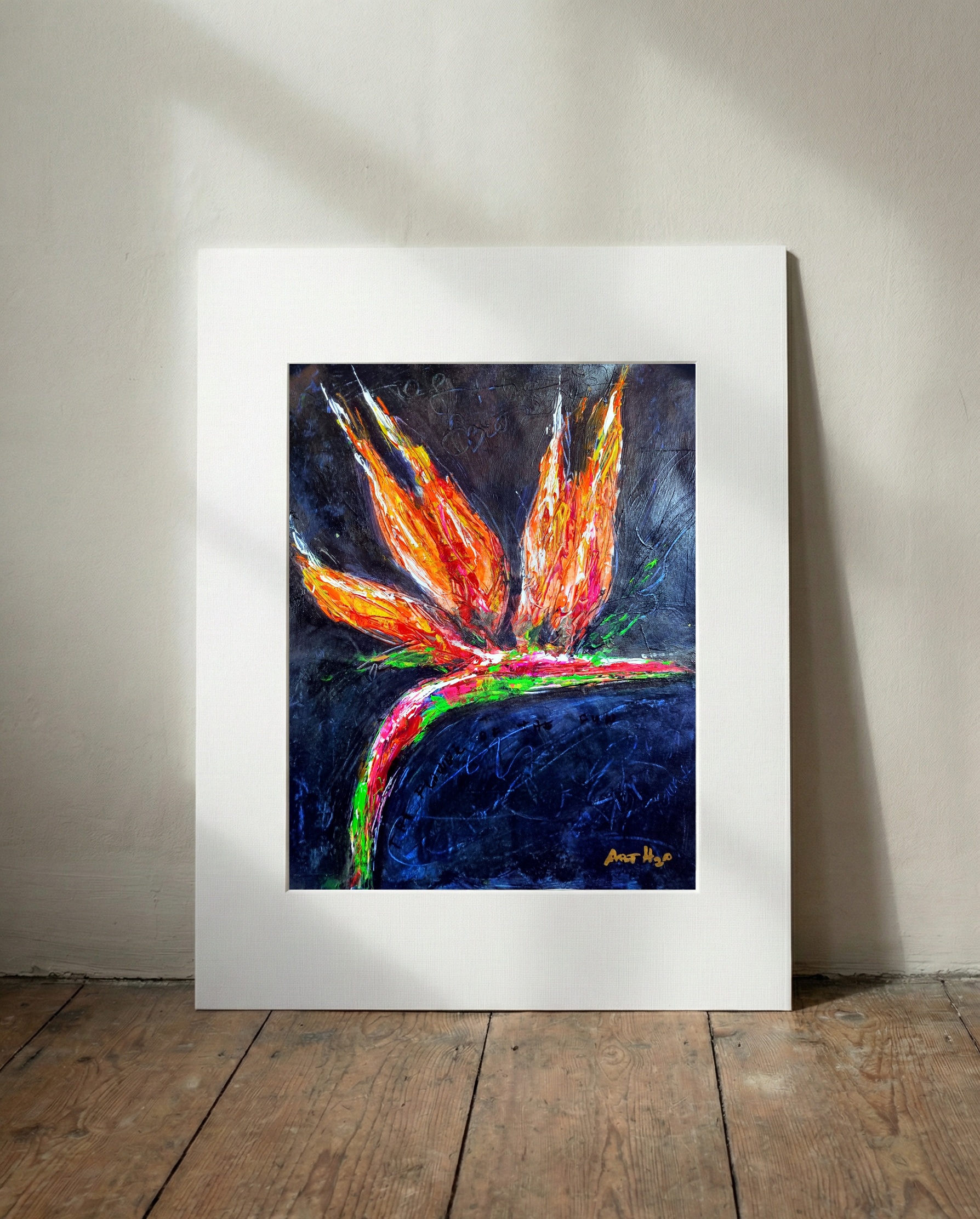 Fiery Bird of Paradise on Black — art on the wall, room interior preview 2