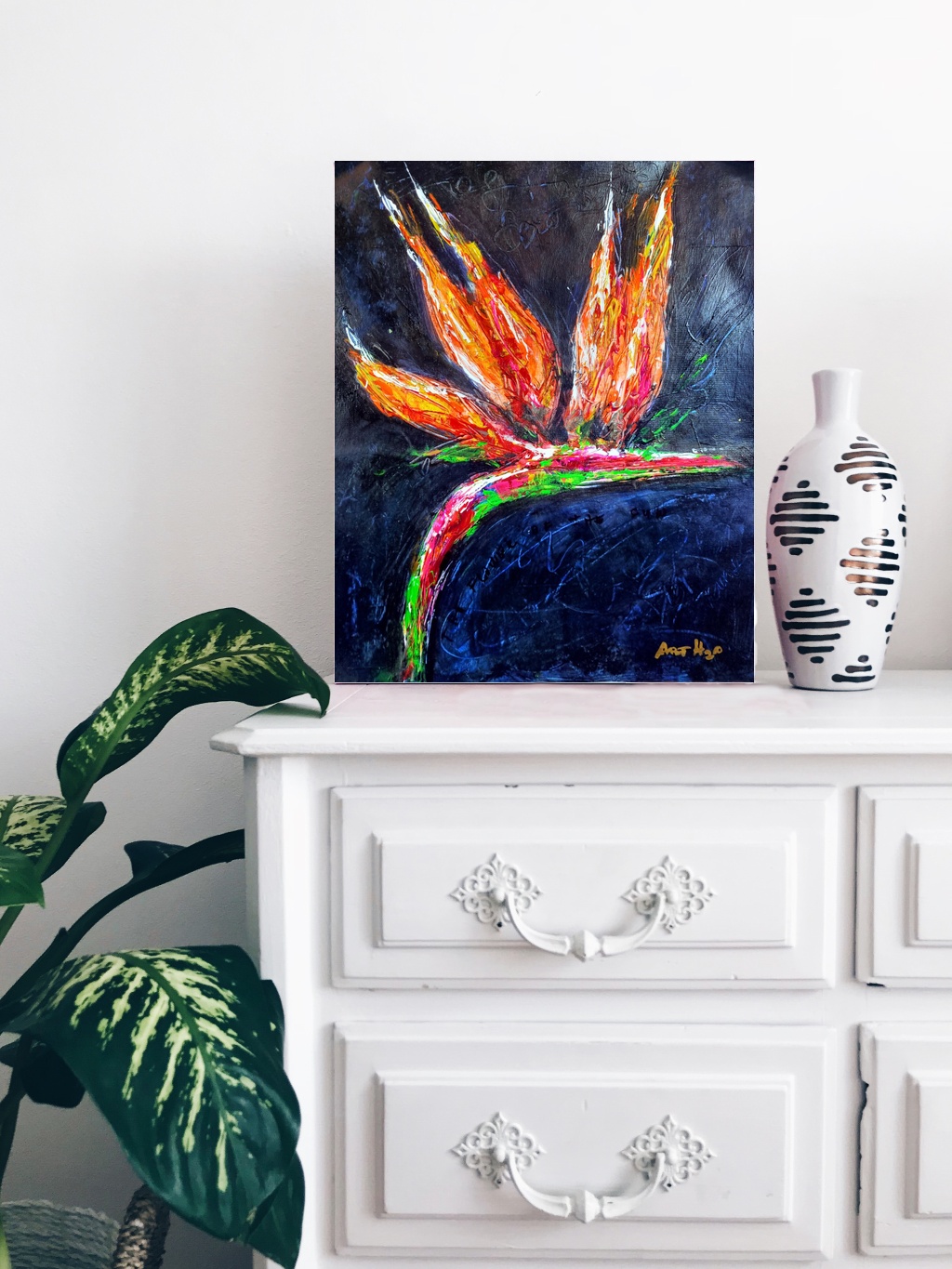 Fiery Bird of Paradise on Black — art on the wall, room interior preview 3