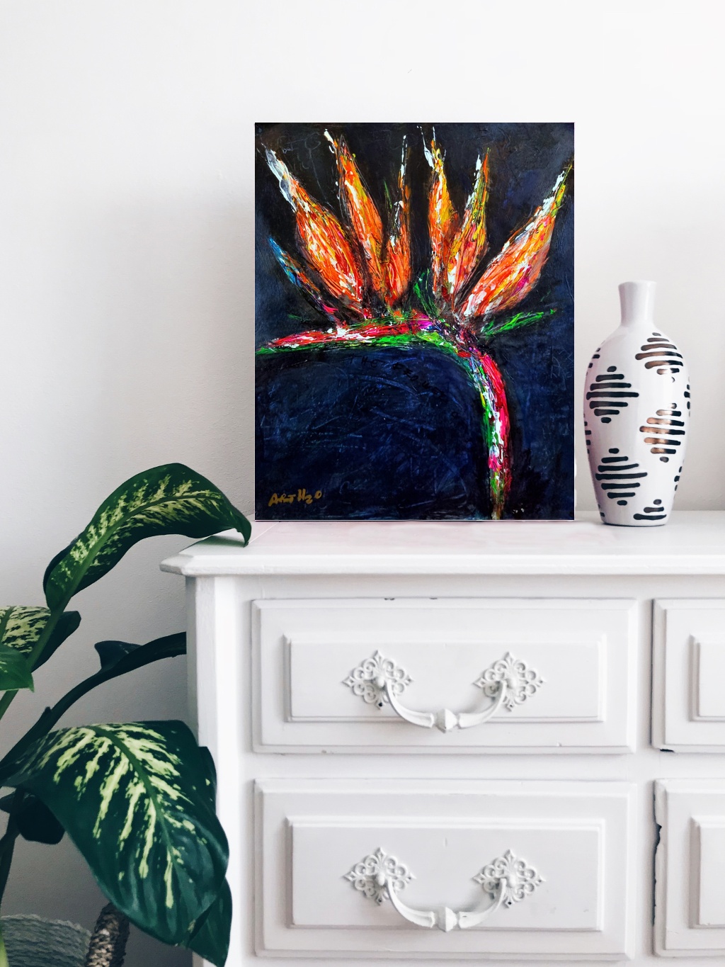 Intense Strelitzia on Indigo — art on the wall, room interior preview 3