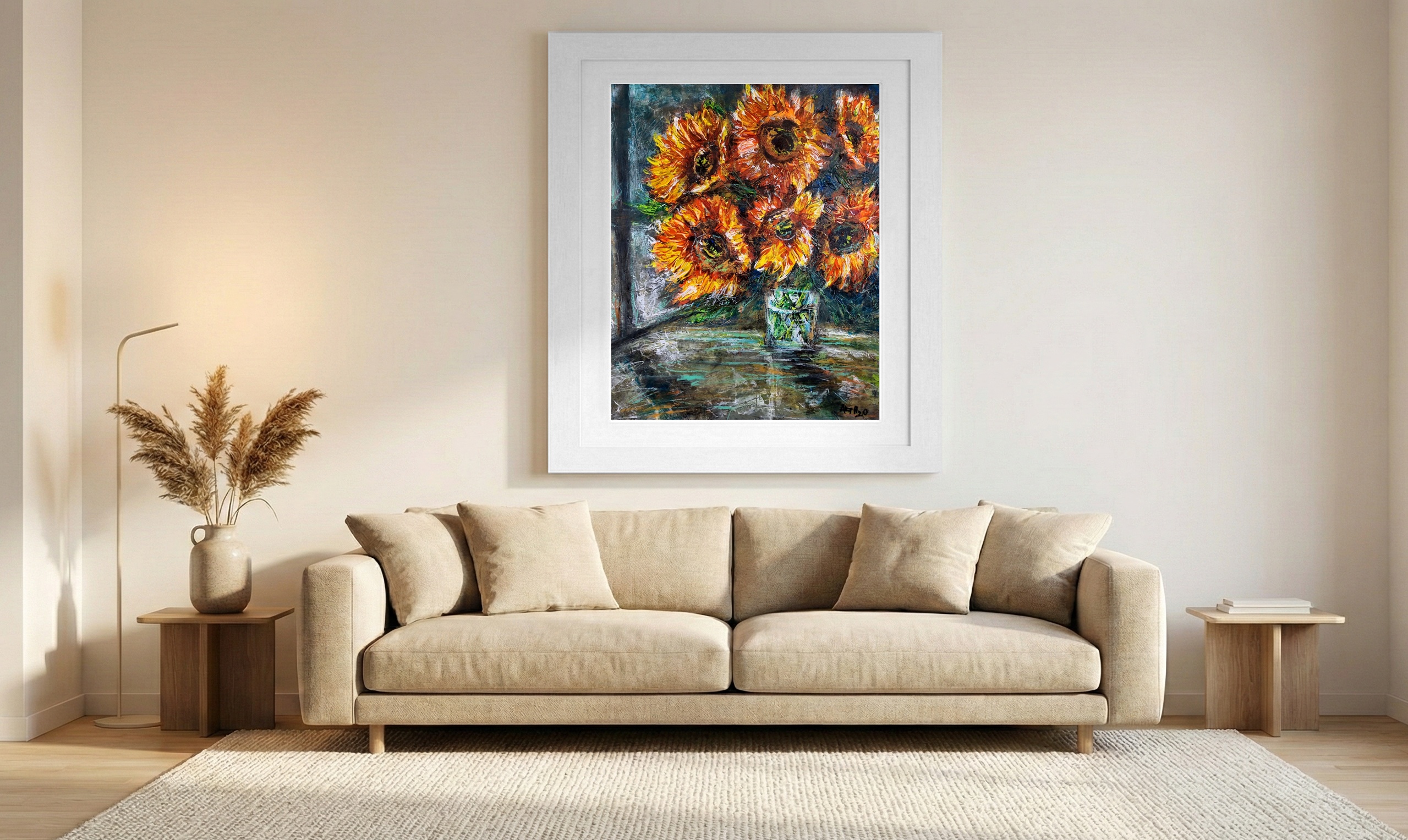 Textured Sunflowers in Glass — art on the wall, room interior preview 1