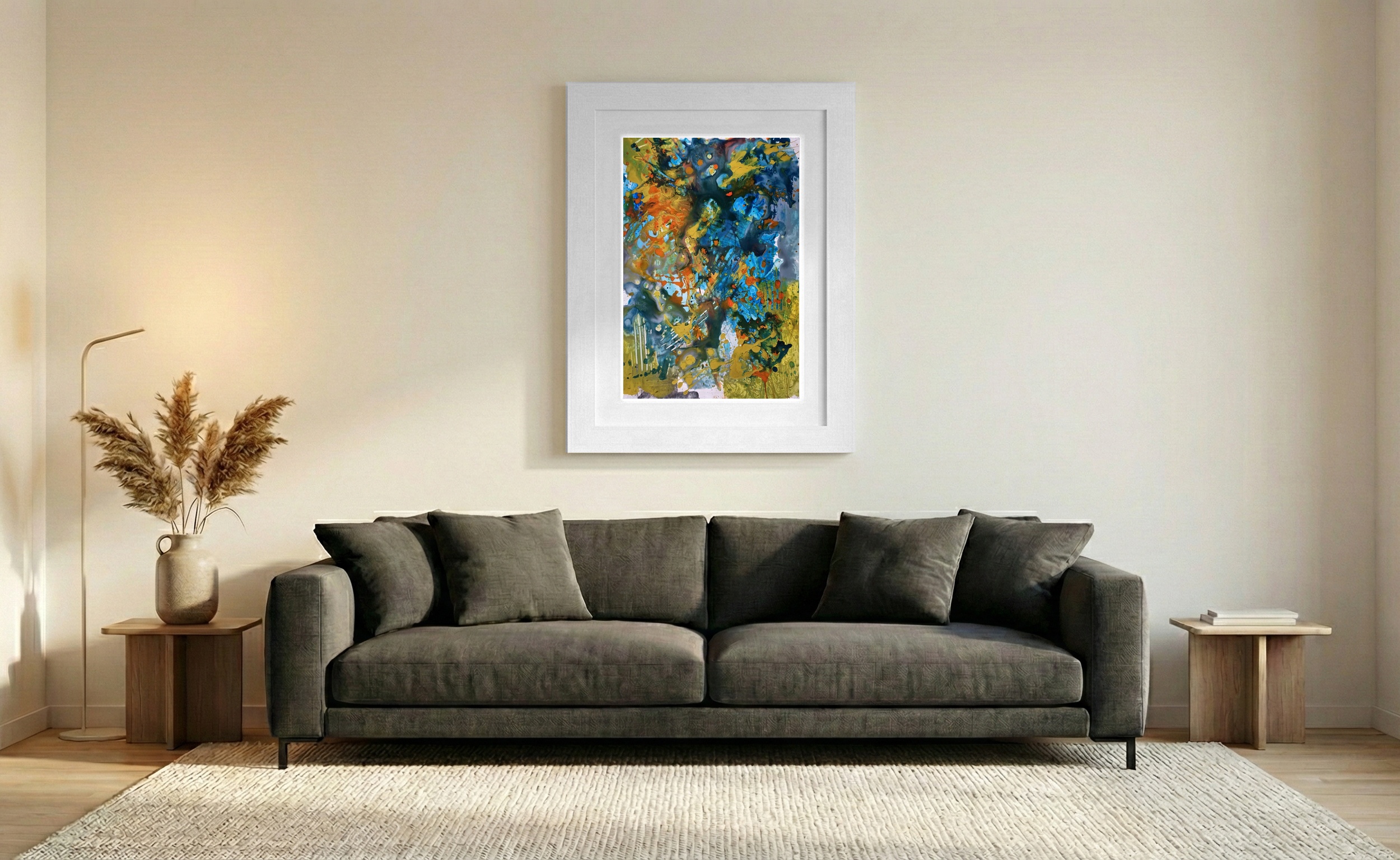 Fluid Abstract in Teal and Gold — art on the wall, room interior preview 1